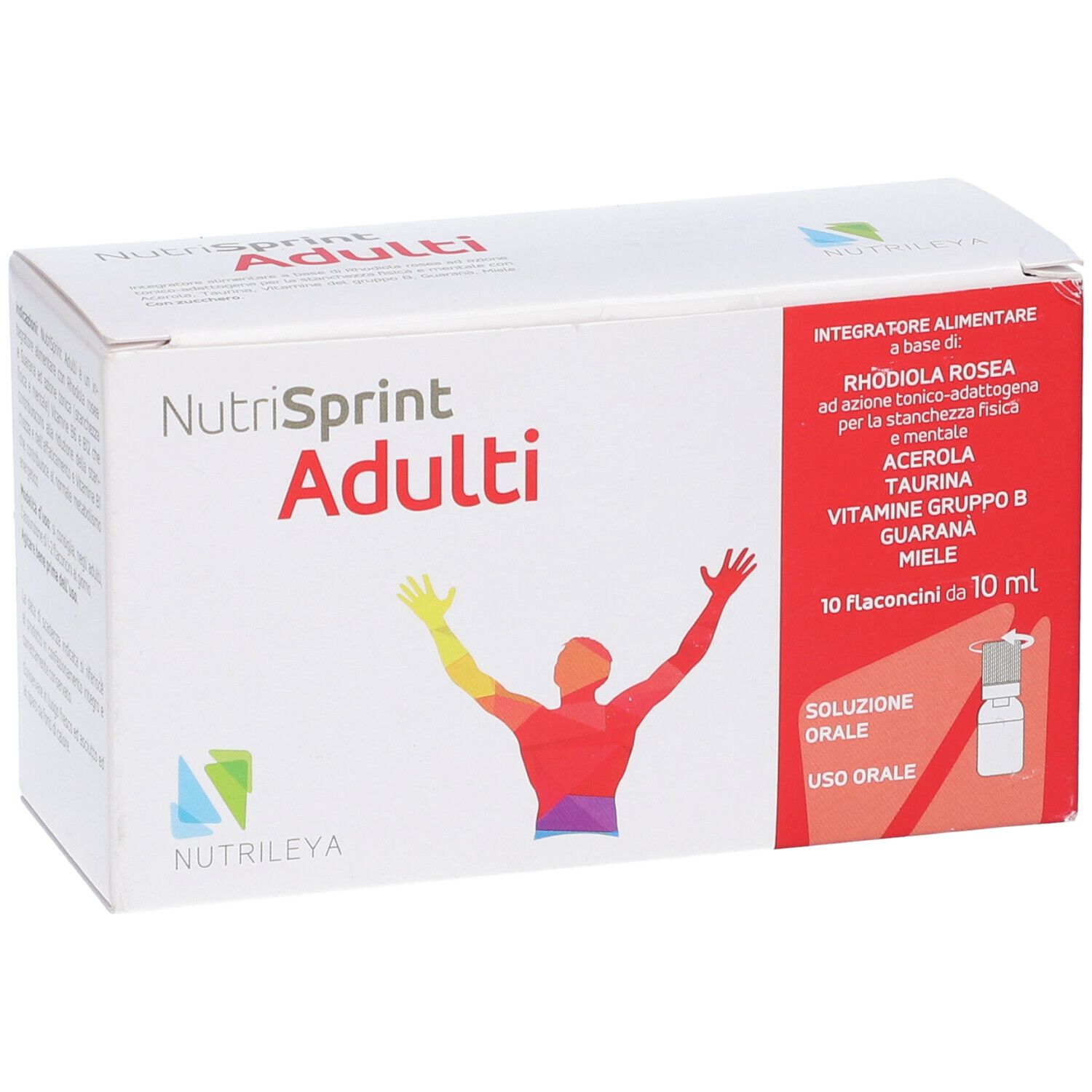 Scatola Nutrisprint Adulti. Ingredienti e illustrazione di una persona con le braccia alzate. Soluzione orale.