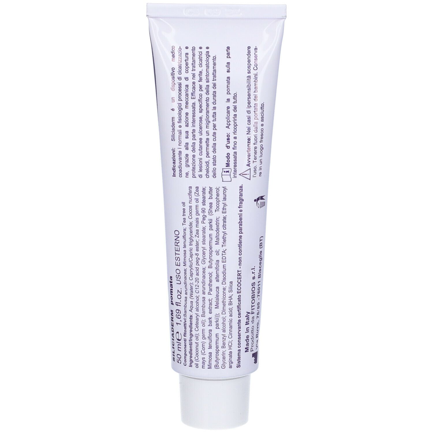 Retro del tubo di crema Siliciaderm. Contiene testo e ingredienti. Tubo bianco con tappo bianco.