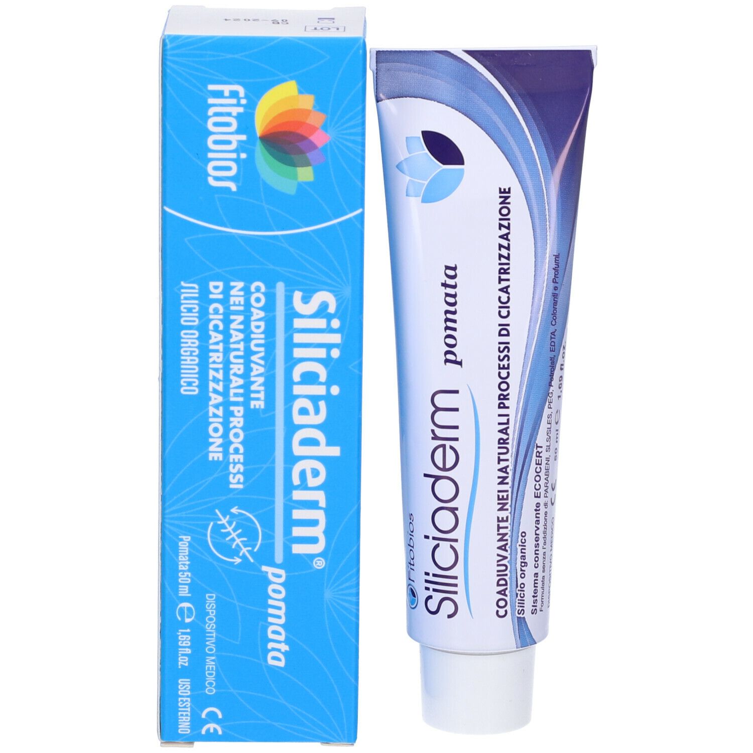 Tubo e confezione di crema Siliciaderm. Tubo accanto alla scatola. Nome del prodotto e logo visibili.