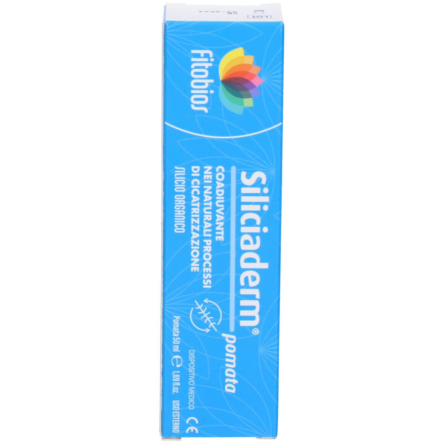Scatola di crema Siliciaderm. Scatola blu con nome del prodotto e logo. Contiene 50 ml.