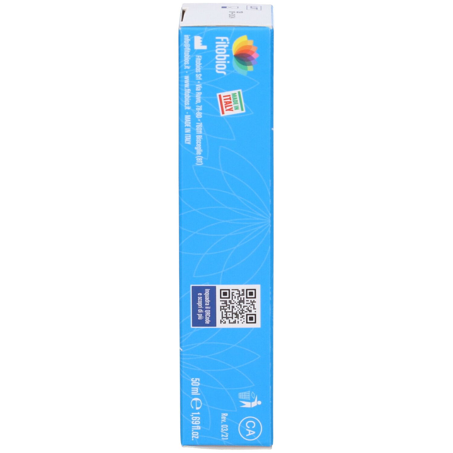 Lato della scatola di crema Siliciaderm. Scatola blu con testo e logo. Contiene informazioni.