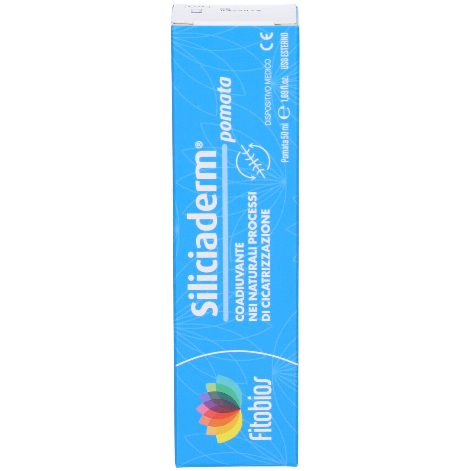Lato della scatola di crema Siliciaderm. Scatola blu con nome del prodotto e logo. Contiene 50 ml.