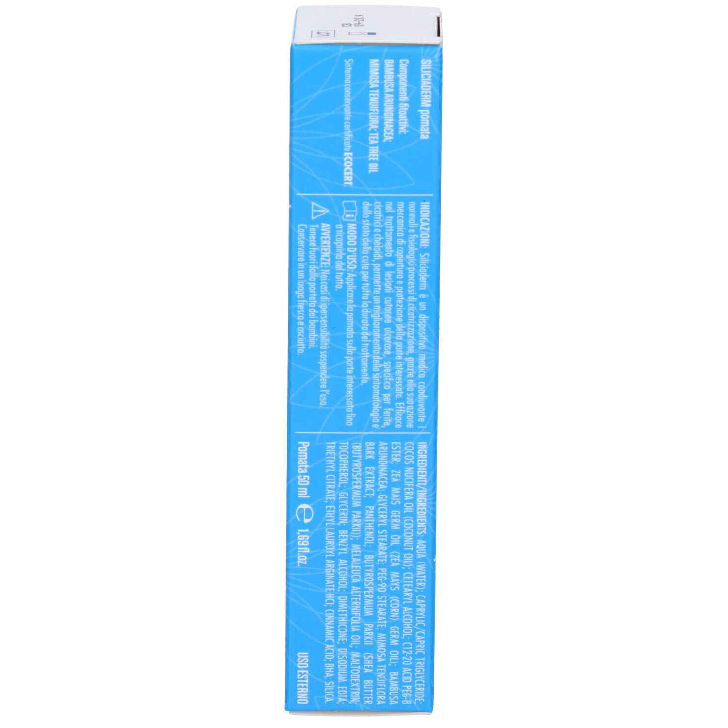 Retro della scatola di crema Siliciaderm. Scatola blu con testo e ingredienti. Contiene 50 ml.