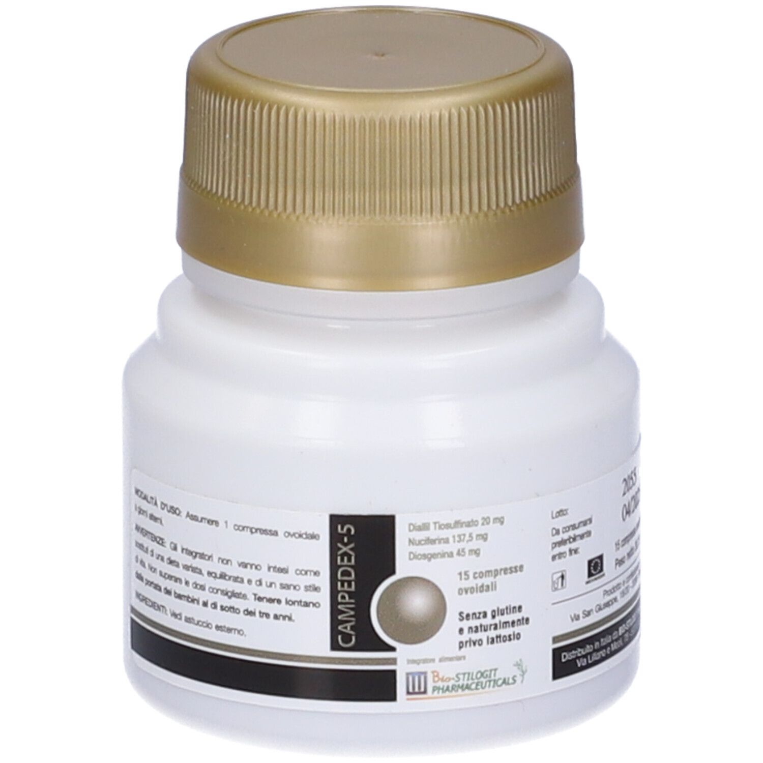 Compresse Campedex-5 in flacone bianco con tappo dorato. Etichetta con ingredienti e informazioni produttore. 15 compresse.