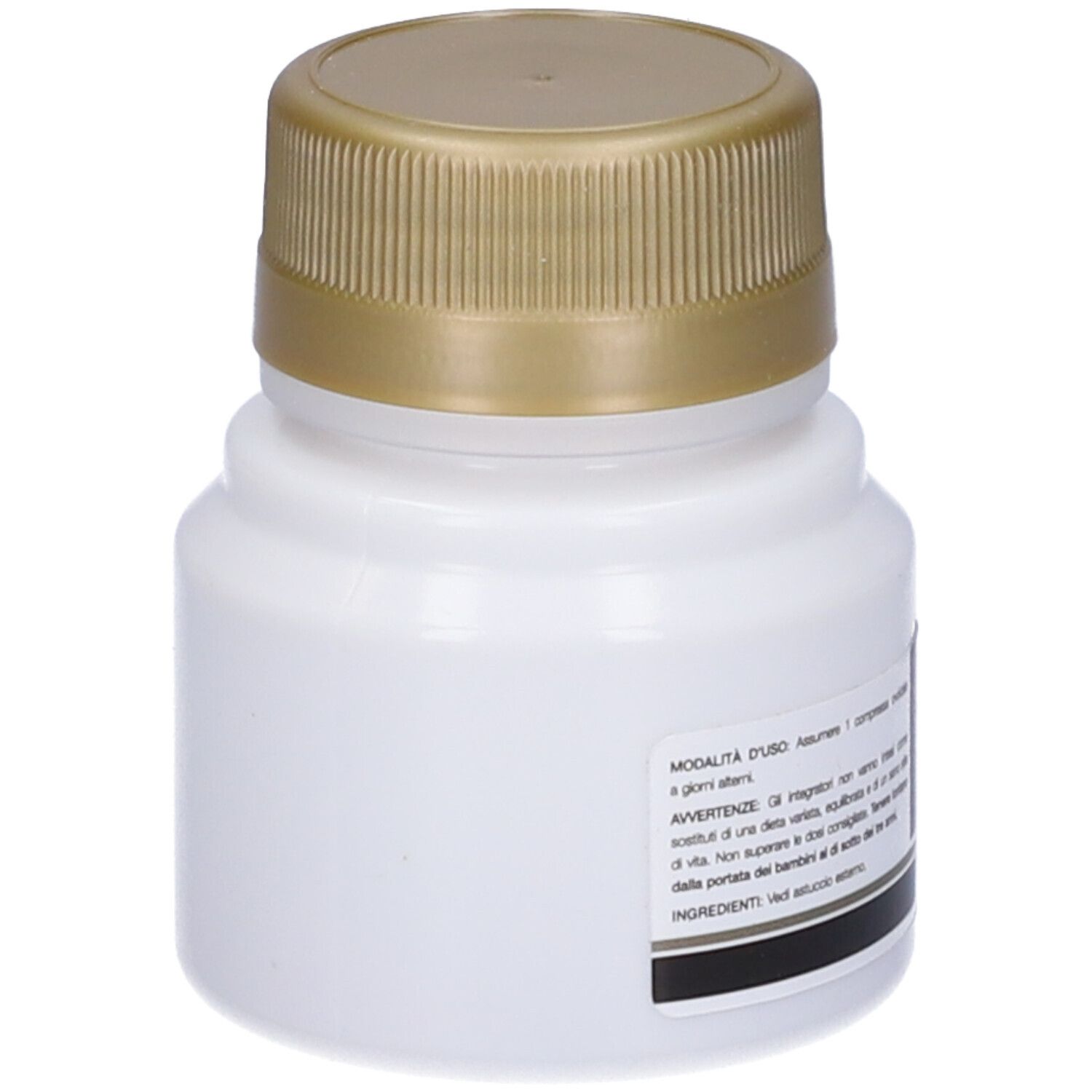 Flacone bianco con tappo dorato. Etichetta con informazioni sul prodotto. Informazioni sul produttore e numero di lotto.