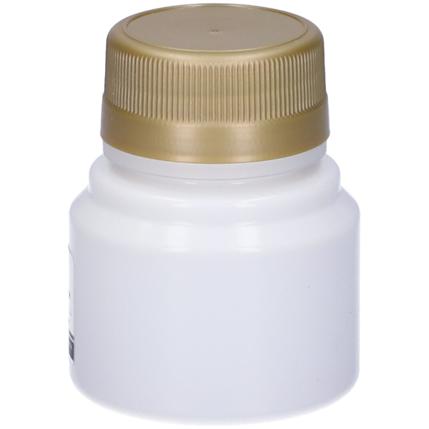 Flacone bianco con tappo dorato. Etichetta con informazioni sul prodotto. Informazioni sul produttore e numero di lotto.