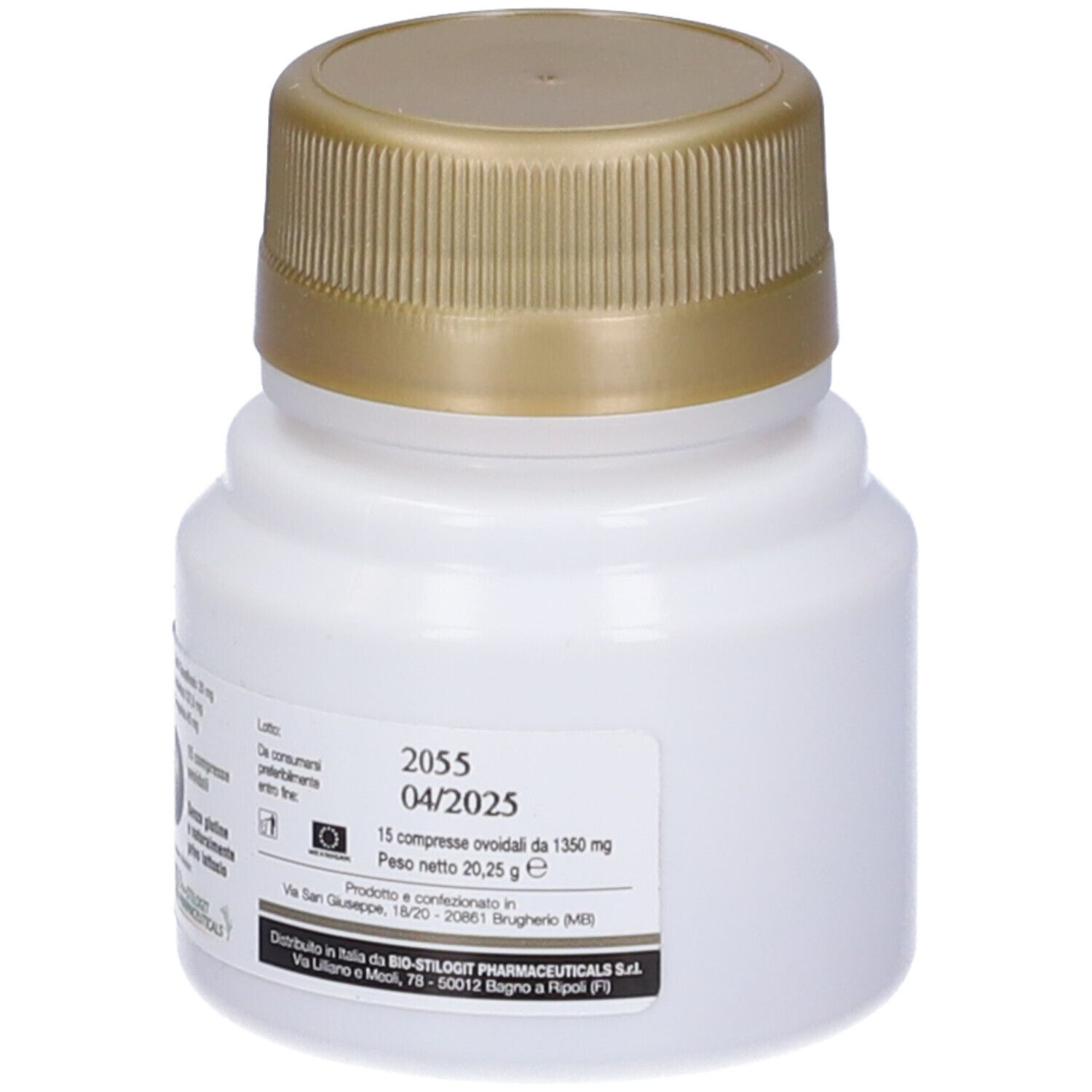 Flacone bianco con tappo dorato. Etichetta con informazioni sul prodotto. Informazioni sul produttore e numero di lotto.