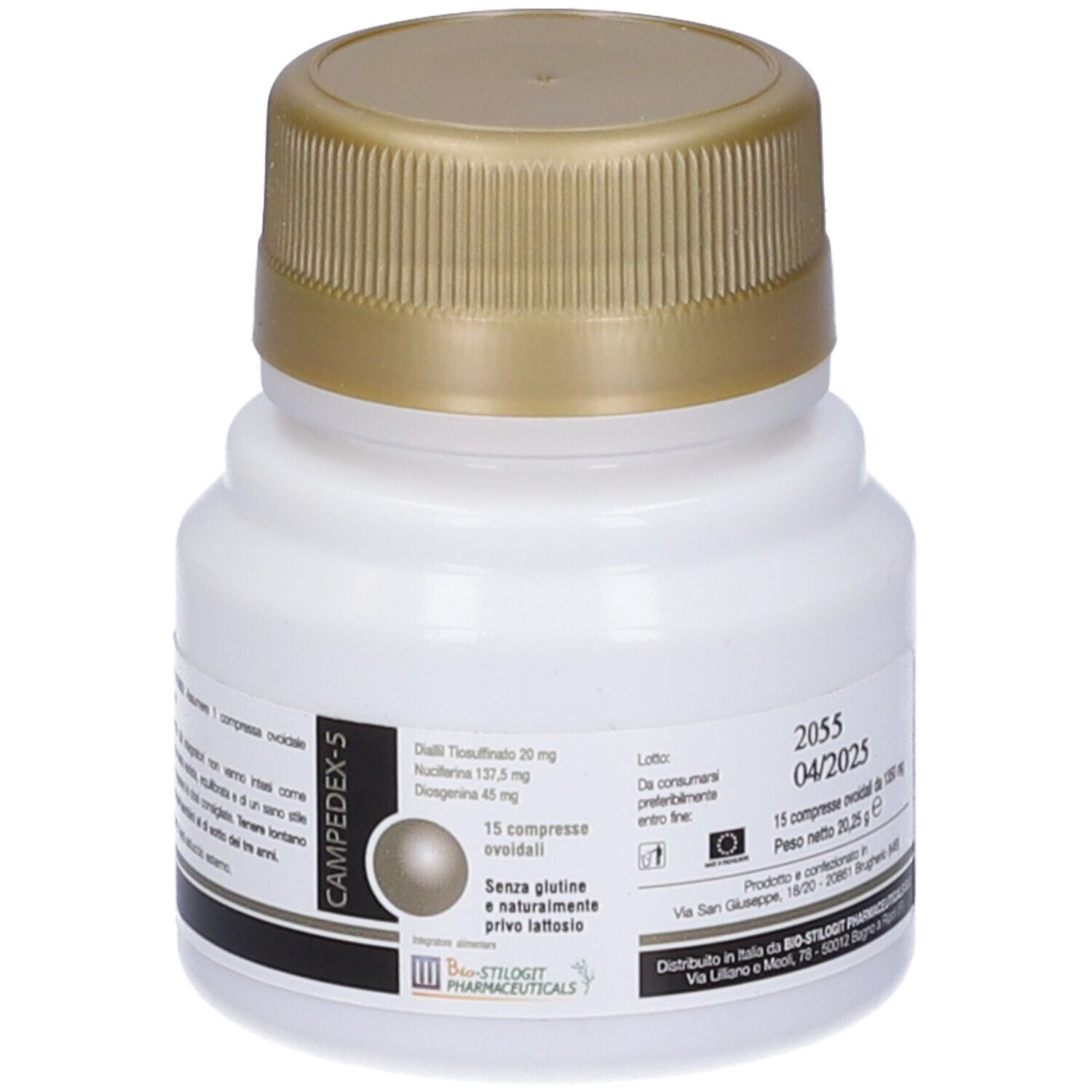 Flacone bianco con tappo dorato. Etichetta con informazioni sul prodotto. Informazioni sul produttore e numero di lotto.