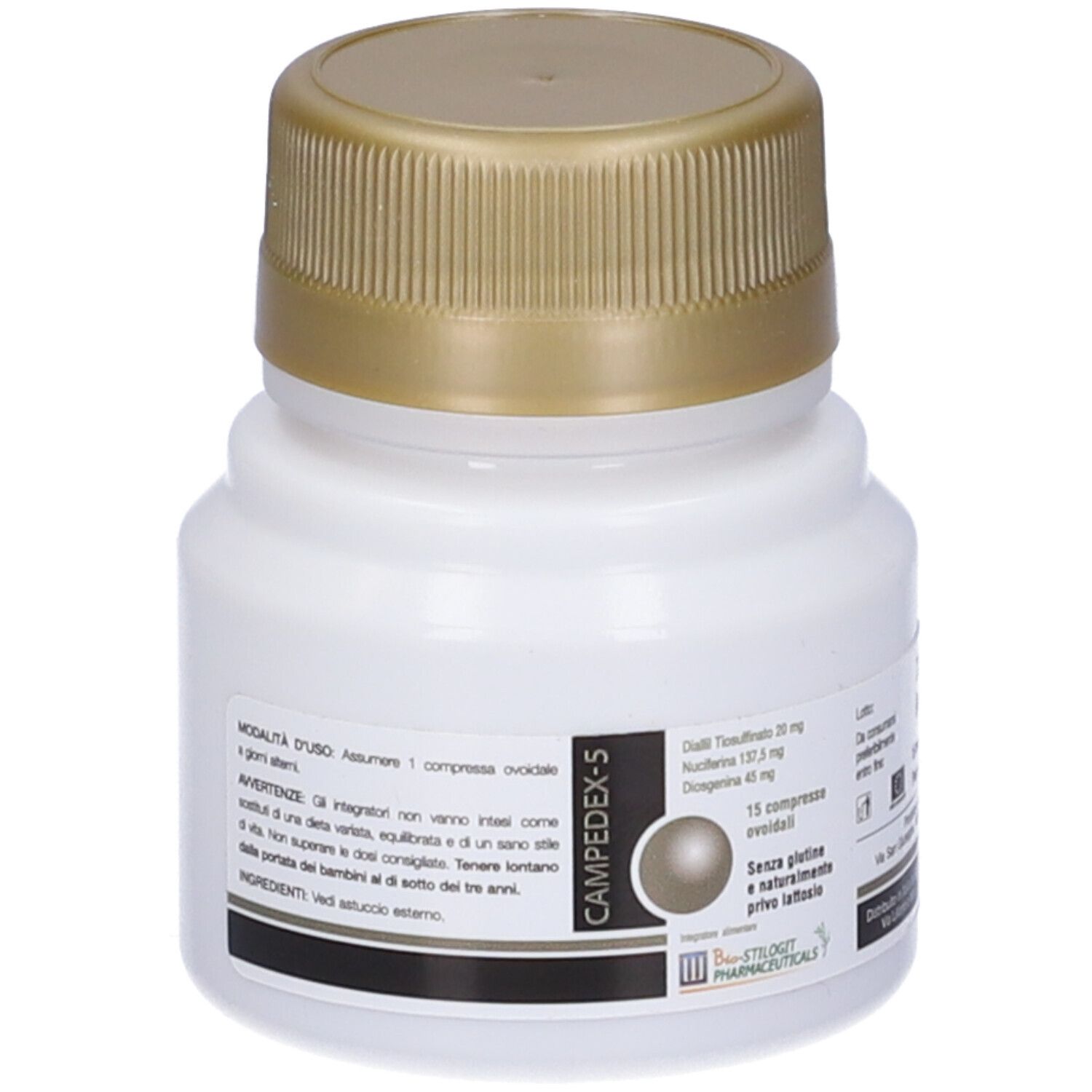 Flacone bianco con tappo dorato. Etichetta con informazioni sul prodotto. Informazioni sul produttore e numero di lotto.