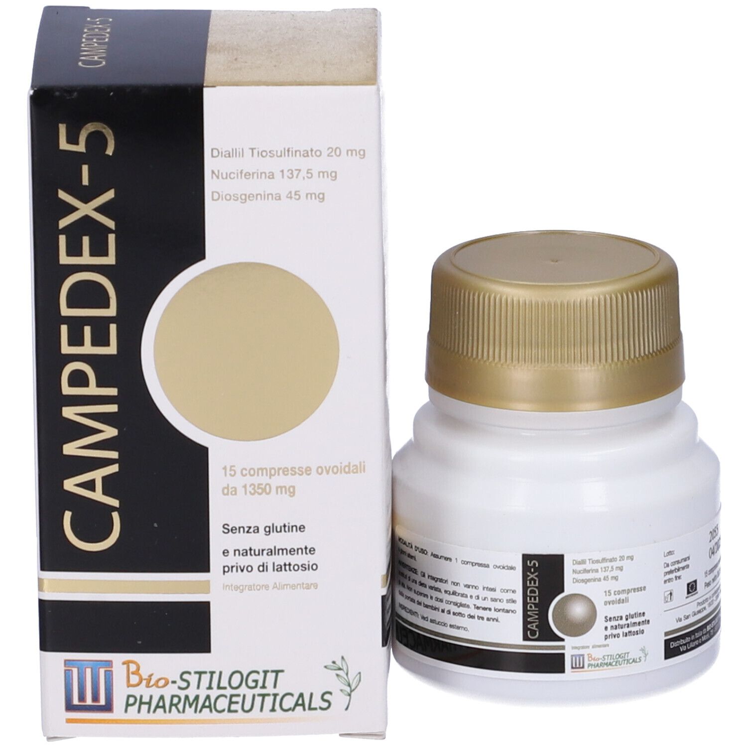 Flacone e scatola Campedex-5. Flacone bianco con tappo dorato. Scatola con nome del prodotto e ingredienti.