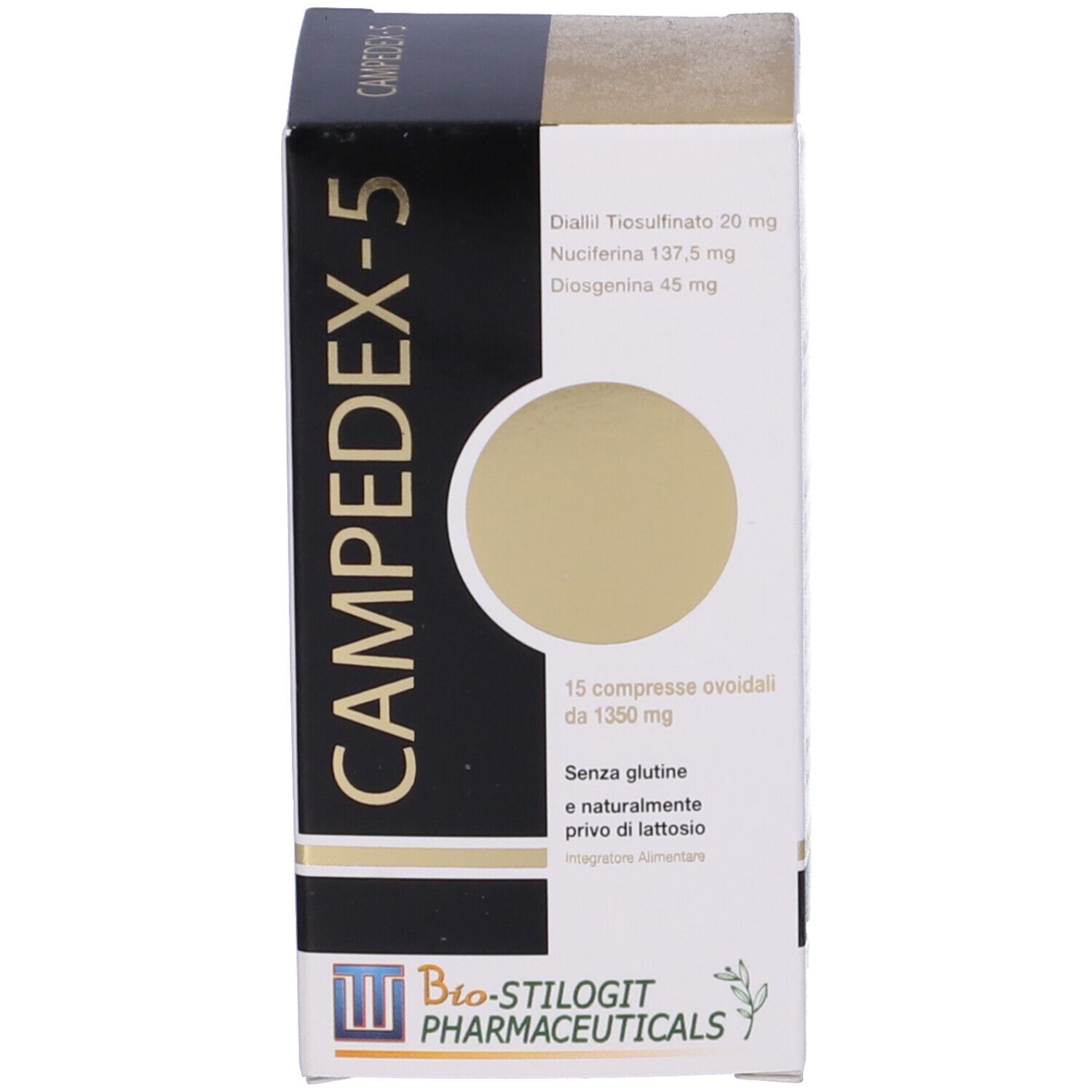 Scatola Campedex-5. Confezione nera e bianca con nome del prodotto e ingredienti. Logo Bio-Stilogit Pharmaceuticals.