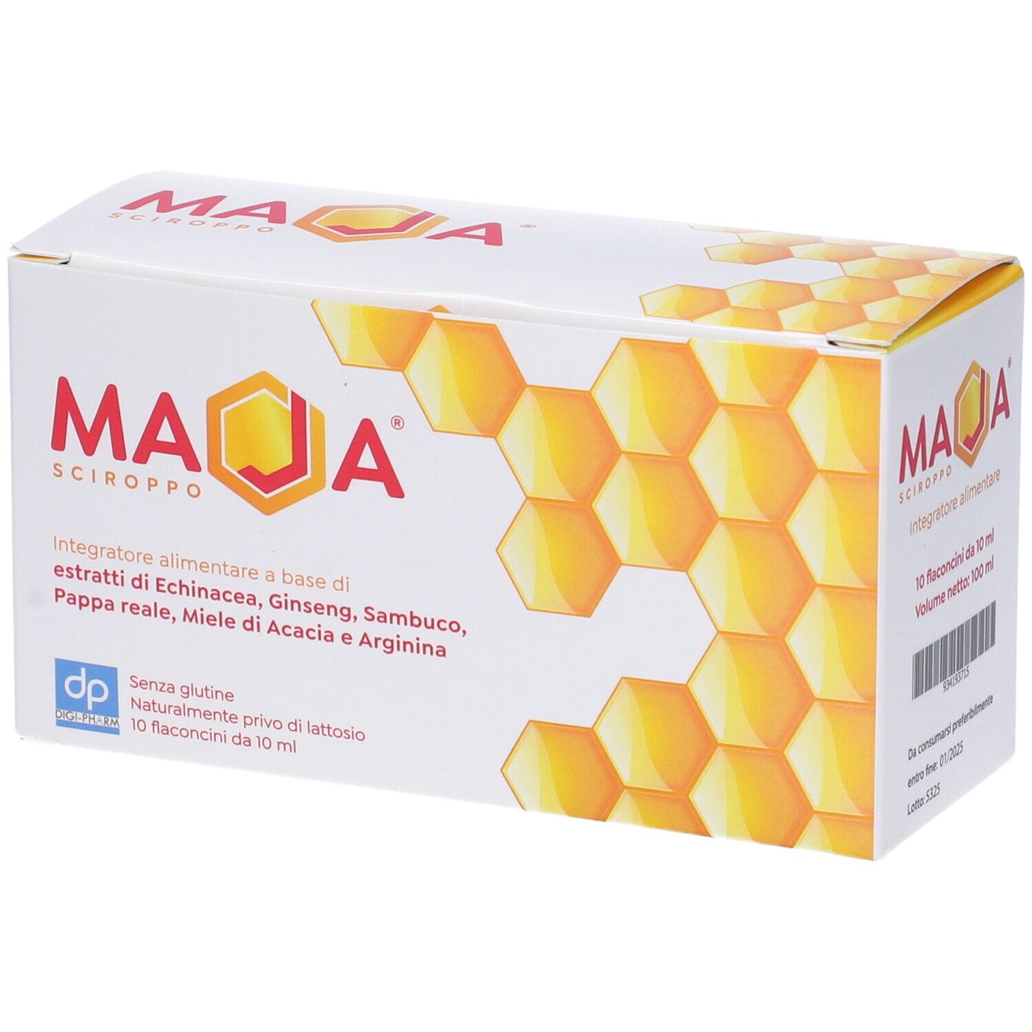 Scatola Maja Sciroppo. Bianca con motivo a nido d'ape. Testo: Integratore alimentare, 10 Flaconcini da 10 ml.