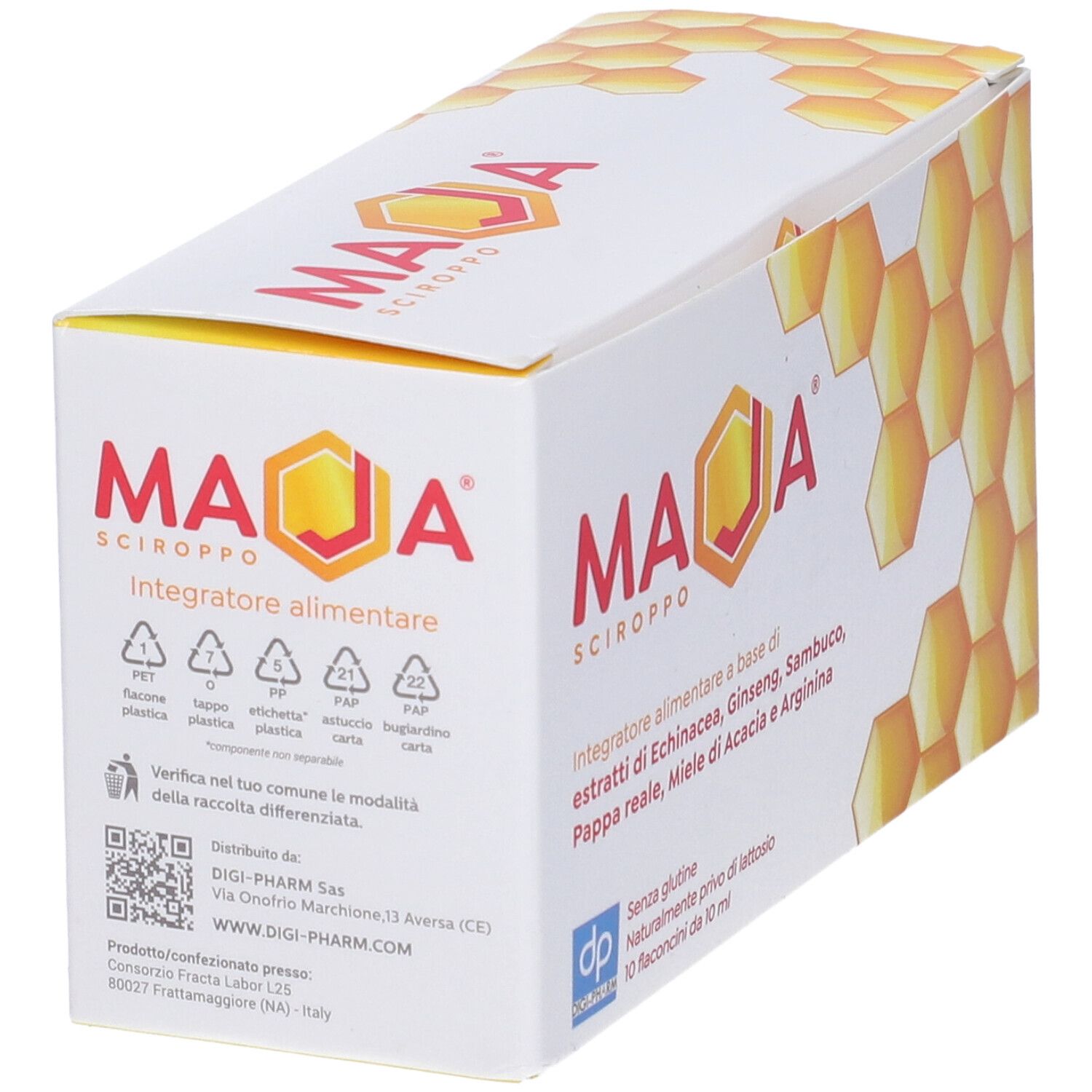 Scatola Maja Sciroppo. Bianca con motivo a nido d'ape. Testo: Integratore alimentare, ingredienti, senza glutine.