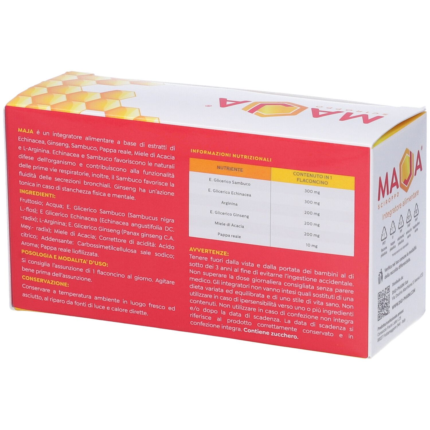 Scatola Maja Sciroppo. Retro con testo: ingredienti, informazioni nutrizionali, avvertenze, conservazione.