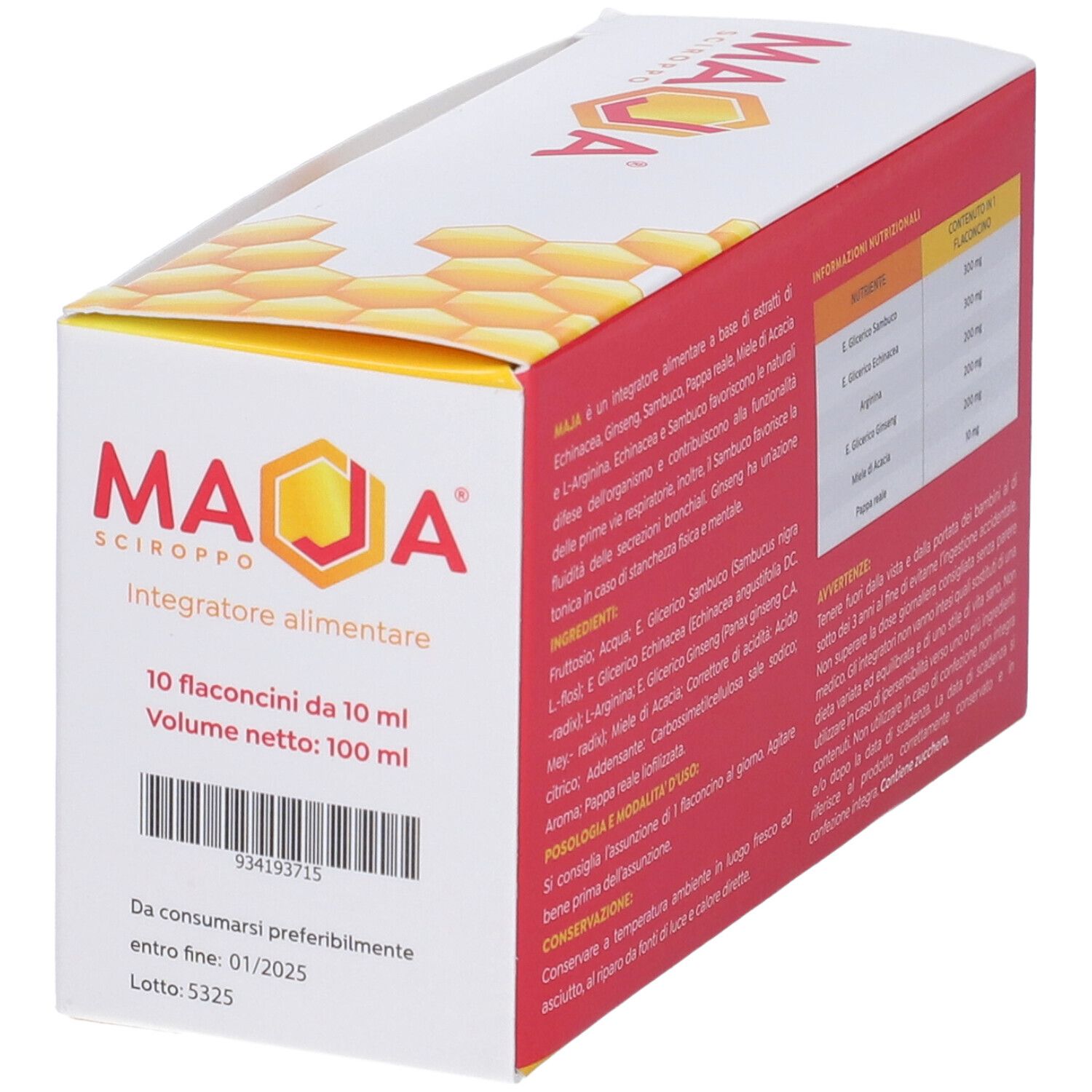 Scatola Maja Sciroppo. Retro con testo: ingredienti, informazioni nutrizionali, scadenza, numero di lotto.