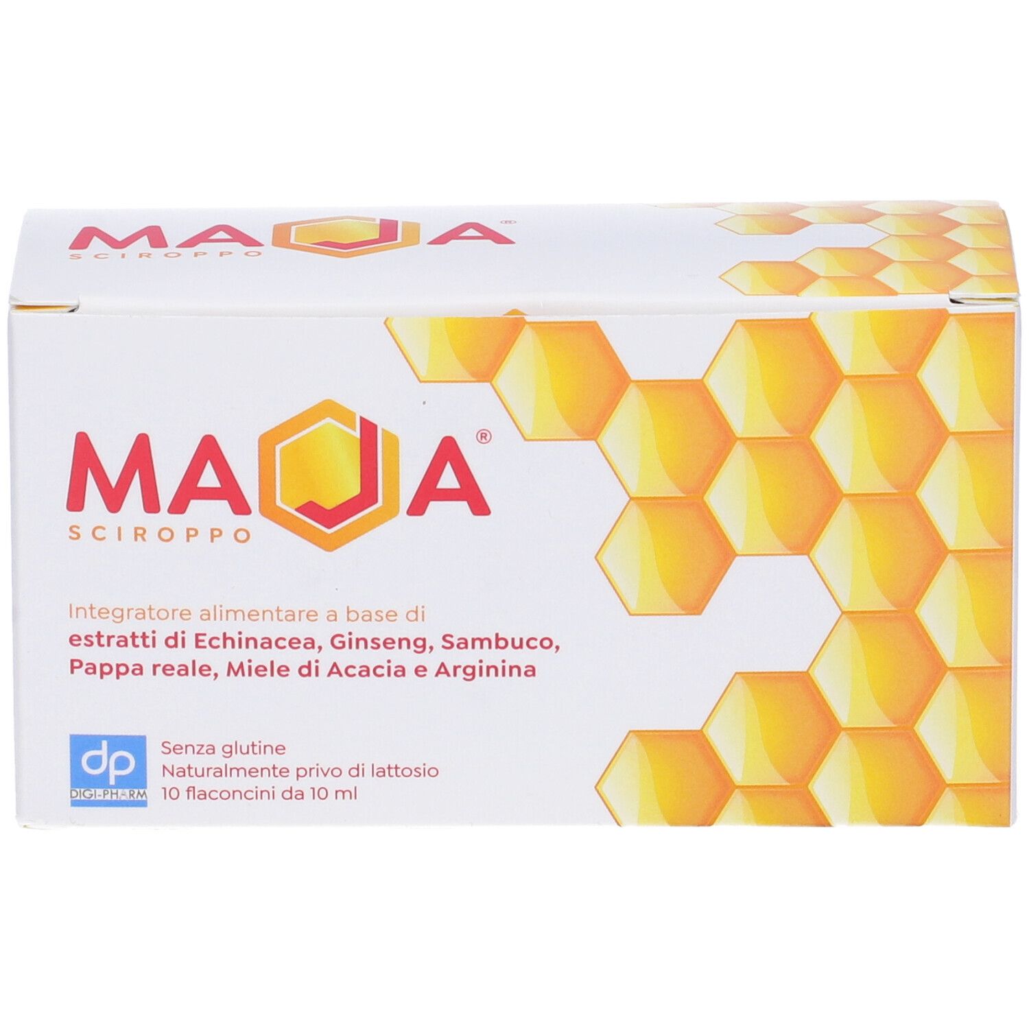 Scatola Maja Sciroppo. Bianca con motivo a nido d'ape. Testo: Integratore alimentare, 10 Flaconcini da 10 ml.