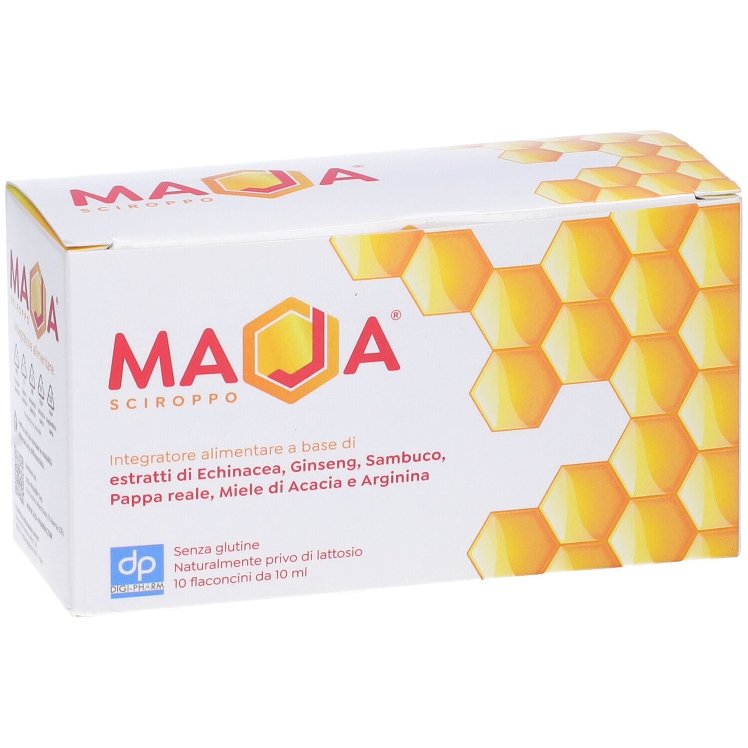 Scatola Maja Sciroppo. Bianca con motivo a nido d'ape. Testo: Integratore alimentare, senza glutine, senza lattosio.