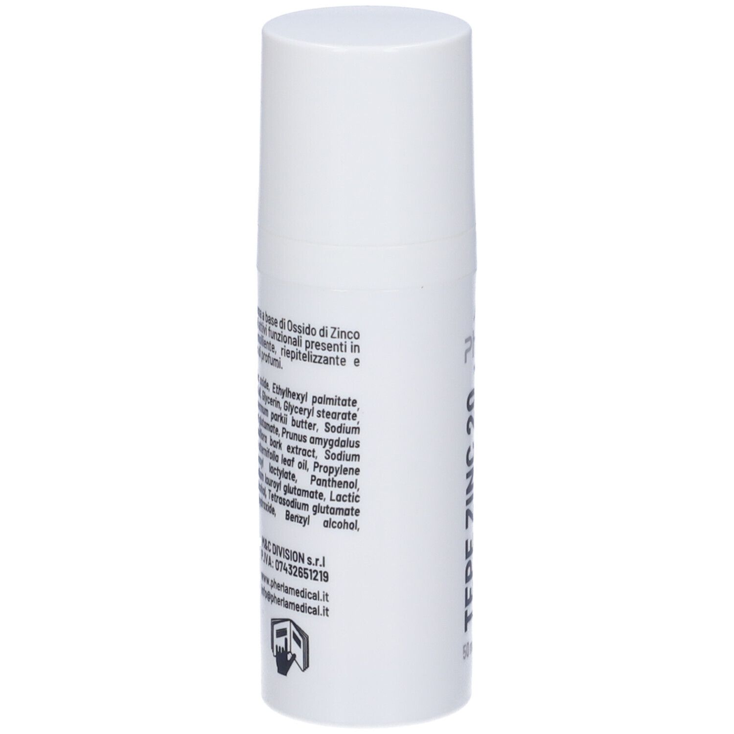 Flacone bianco con tappo. Ingredienti sul retro. Marchio Pherla Medical. Prodotto in Italia.