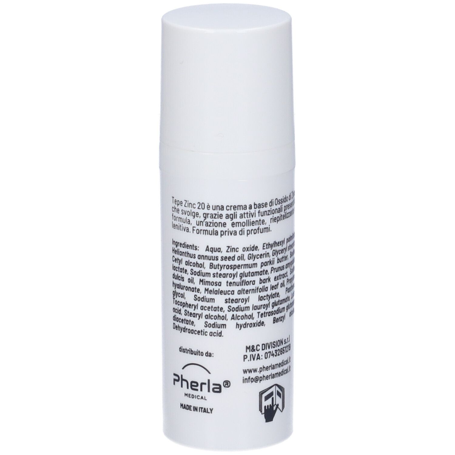 Flacone bianco con tappo. Ingredienti e informazioni produttore sul retro. Marchio Pherla Medical.