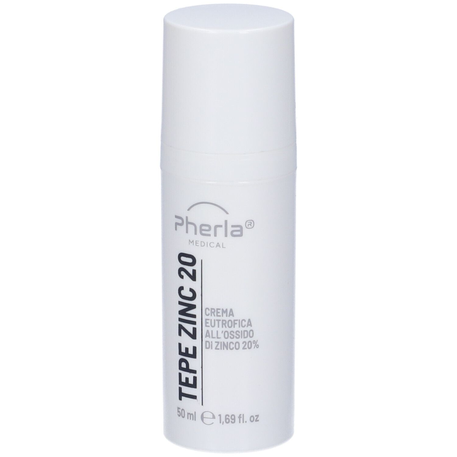 Flacone bianco con tappo. Scritta: Tepe Zinc 20, Pherla Medical. Crema all'ossido di zinco 20%. 50 ml.