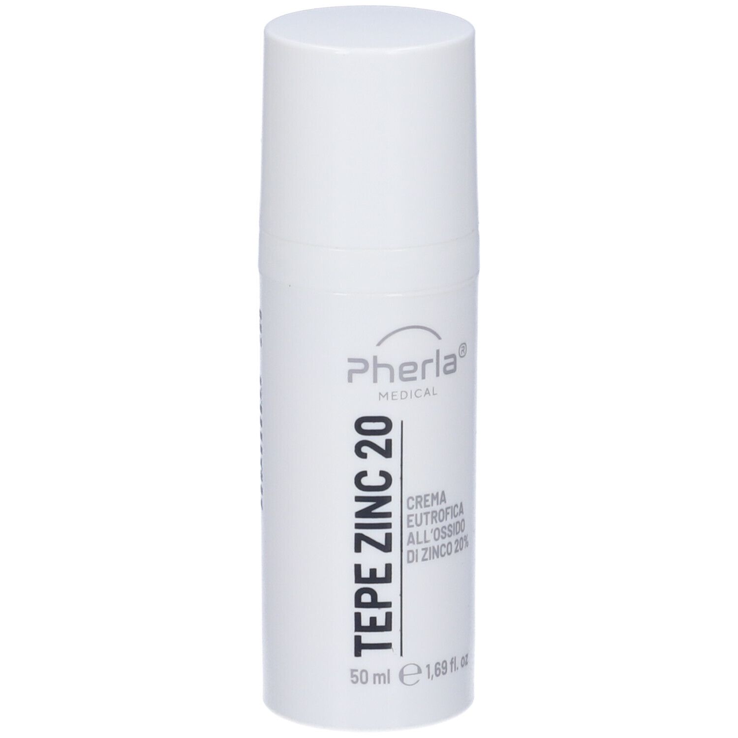 Flacone bianco con tappo. Scritta: Tepe Zinc 20, Pherla Medical. Crema all'ossido di zinco 20%. 50 ml.