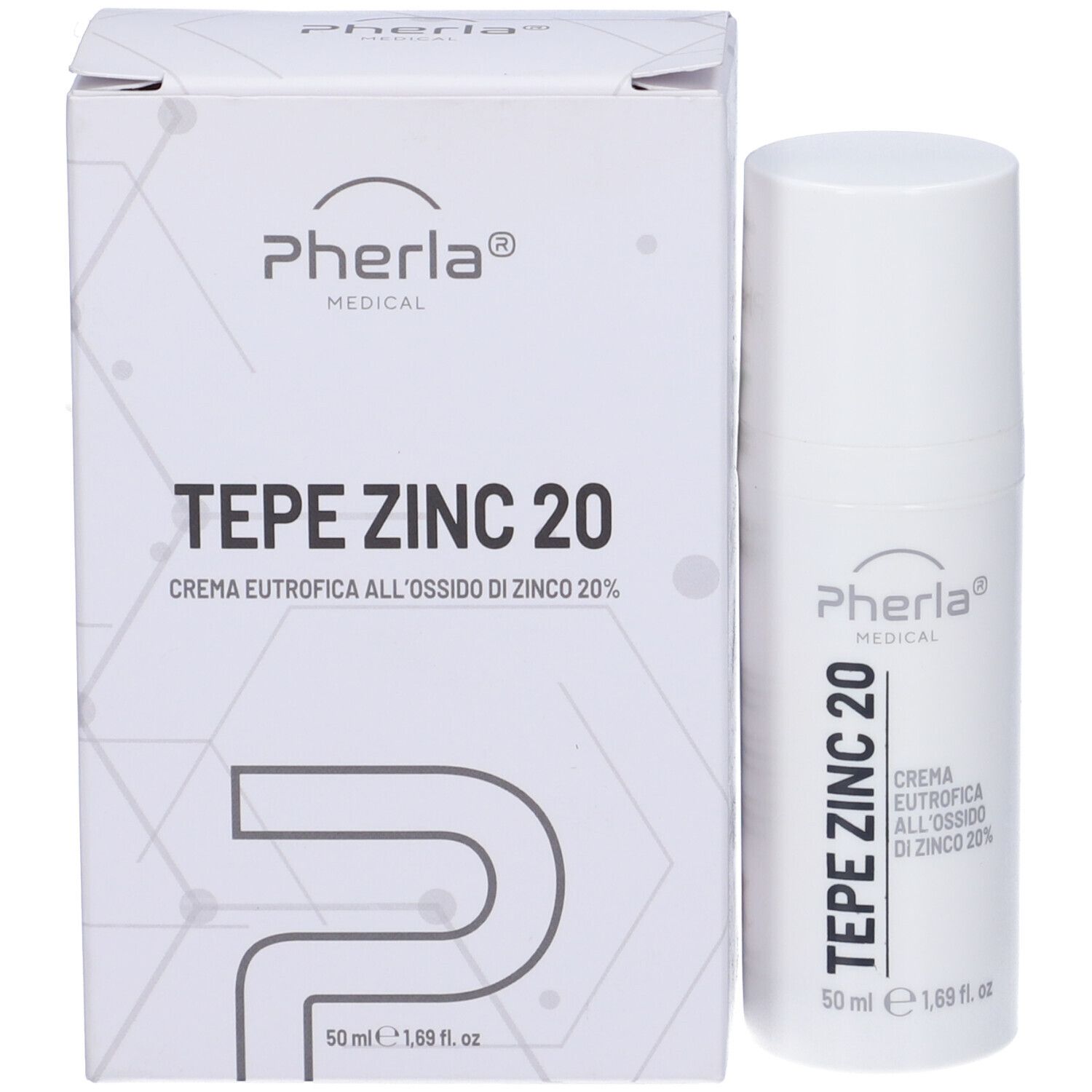 Confezione e flacone. Scritta: Tepe Zinc 20, Pherla Medical. Crema all'ossido di zinco 20%. 50 ml.