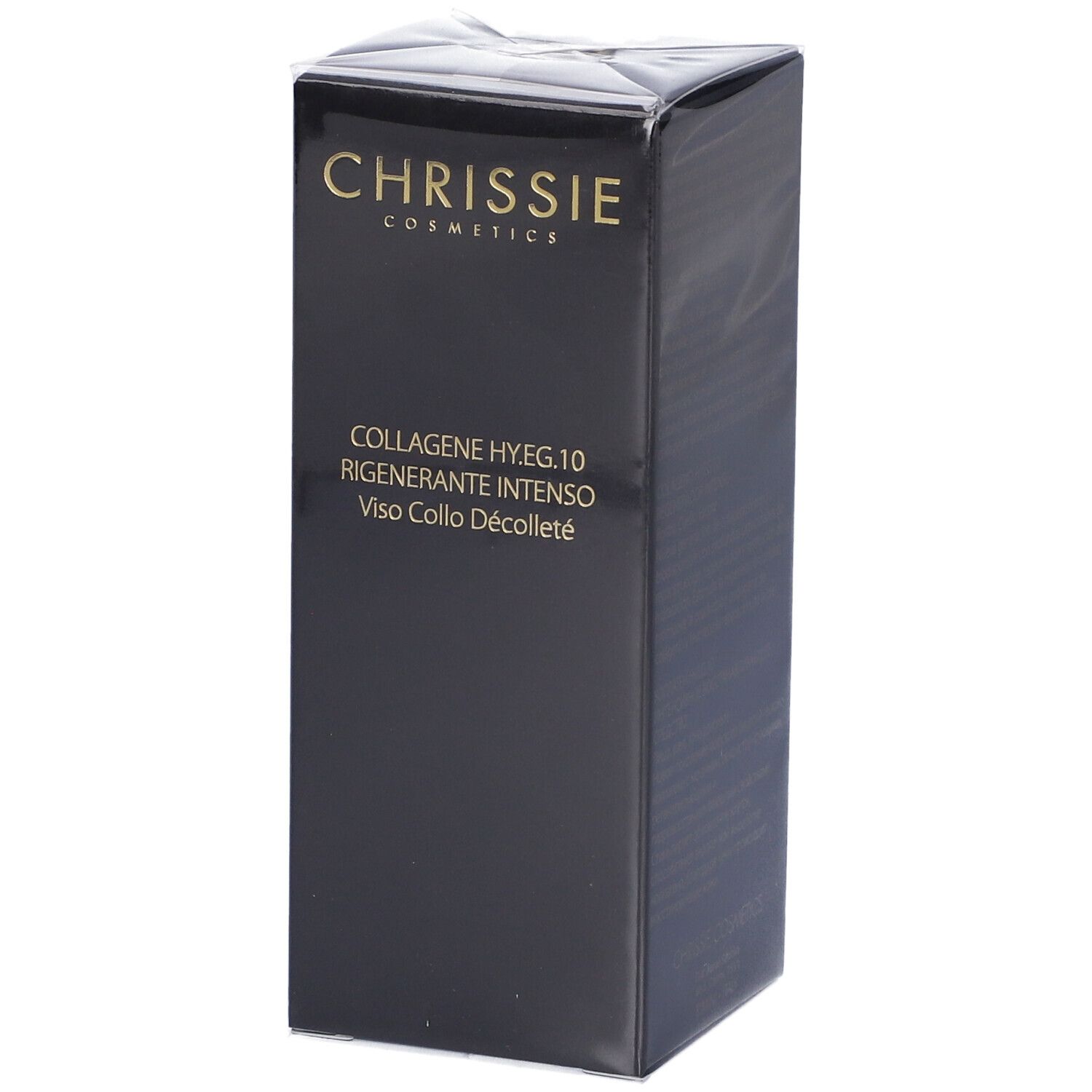 Confezione nera con scritta dorata. Scritta: Chrissie Cosmetics, Collagene HY.EG.10 Rigenerante Intenso.