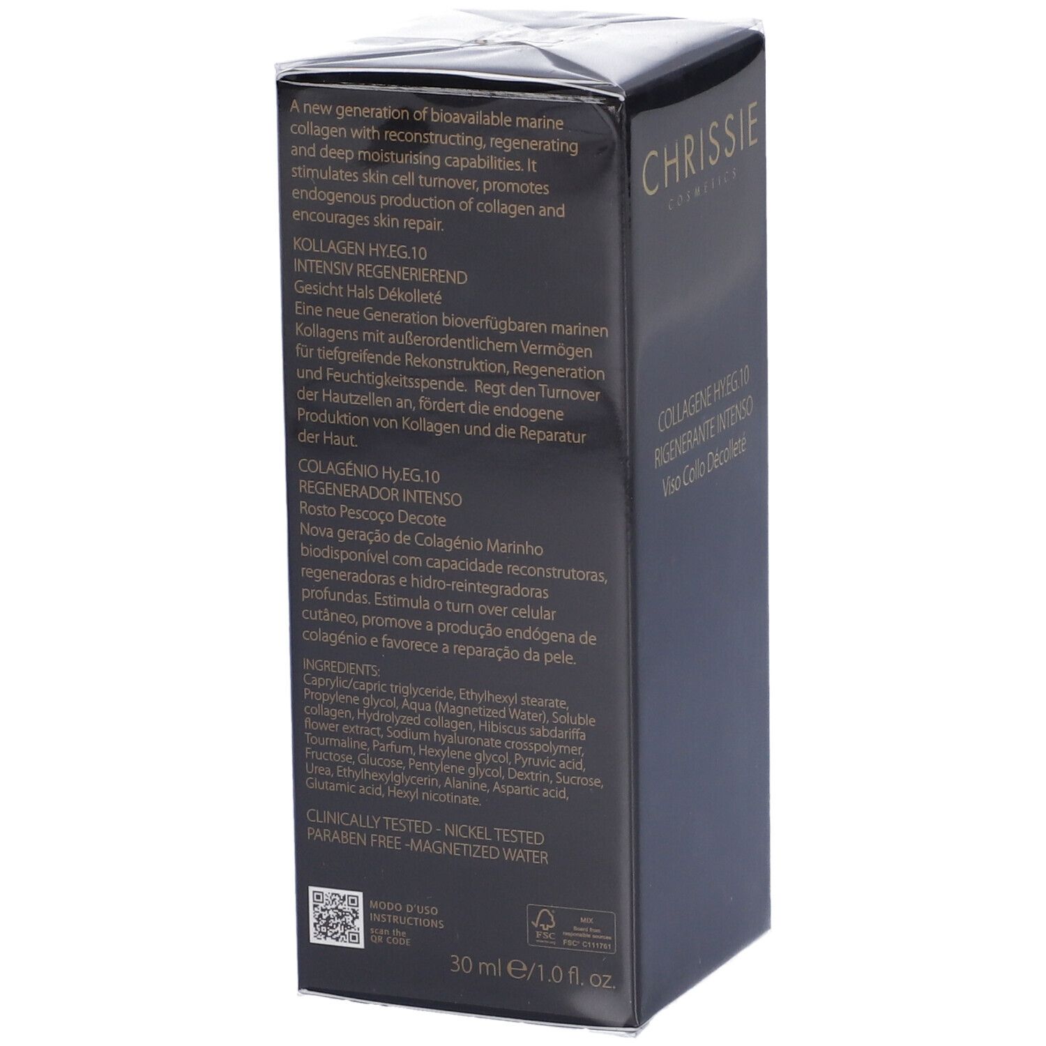 Confezione nera con testo. Testo: Ingredienti, testato al nichel, senza parabeni, acqua magnetizzata.