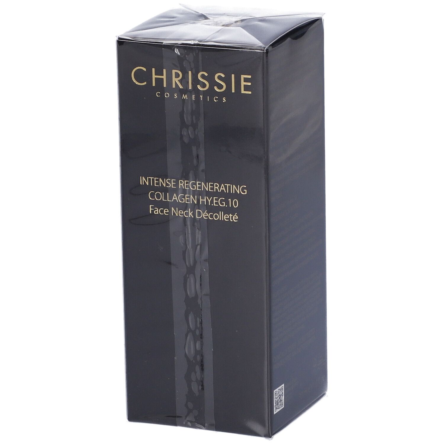 Confezione nera con scritta dorata. Scritta: Chrissie Cosmetics, Intense Regenerating Collagen HY.EG.10.