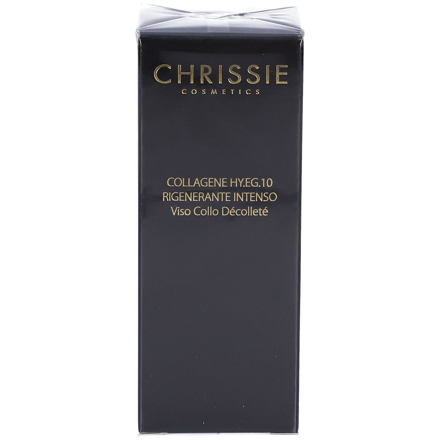 Confezione nera con scritta dorata. Scritta: Chrissie Cosmetics, Collagene HY.EG.10 Rigenerante Intenso.