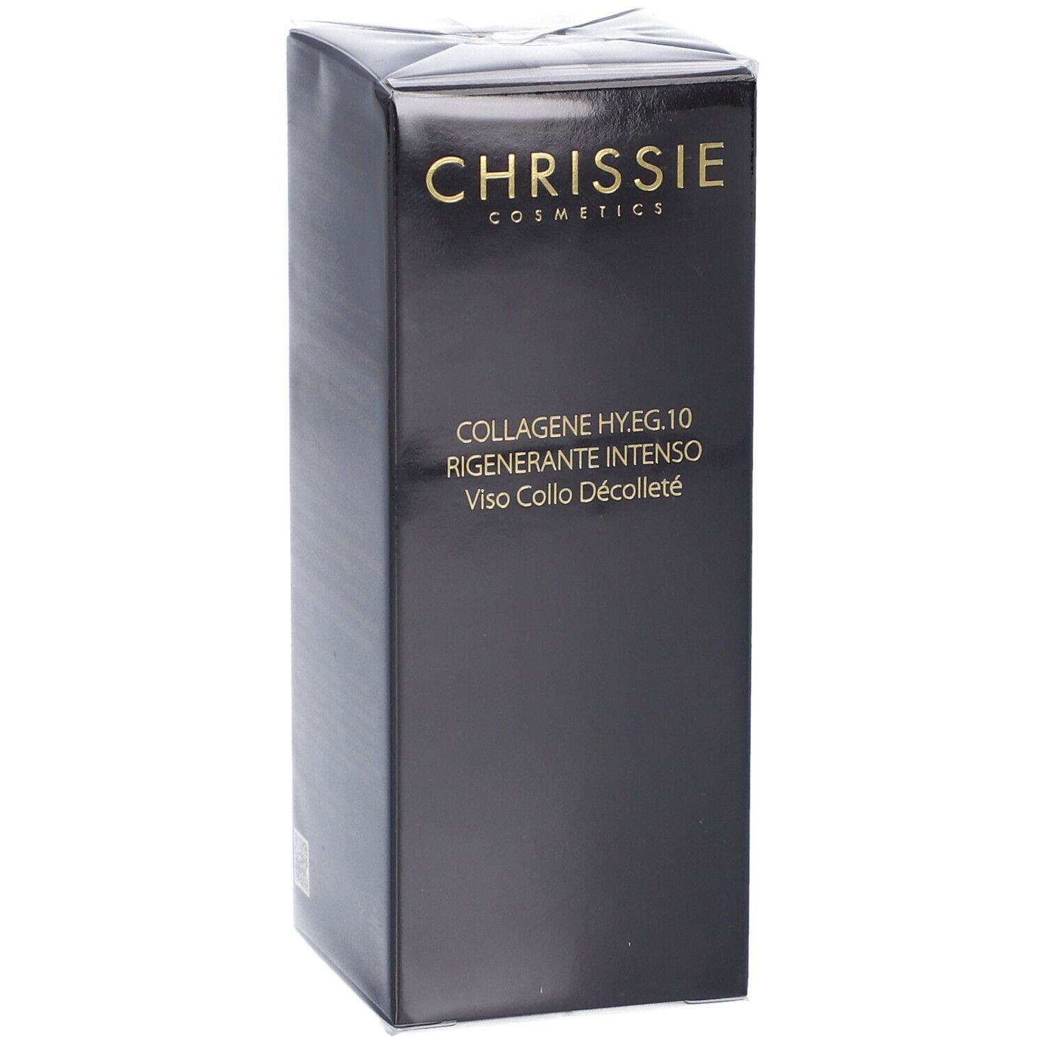 Confezione nera con scritta dorata. Scritta: Chrissie Cosmetics, Collagene HY.EG.10 Rigenerante Intenso.
