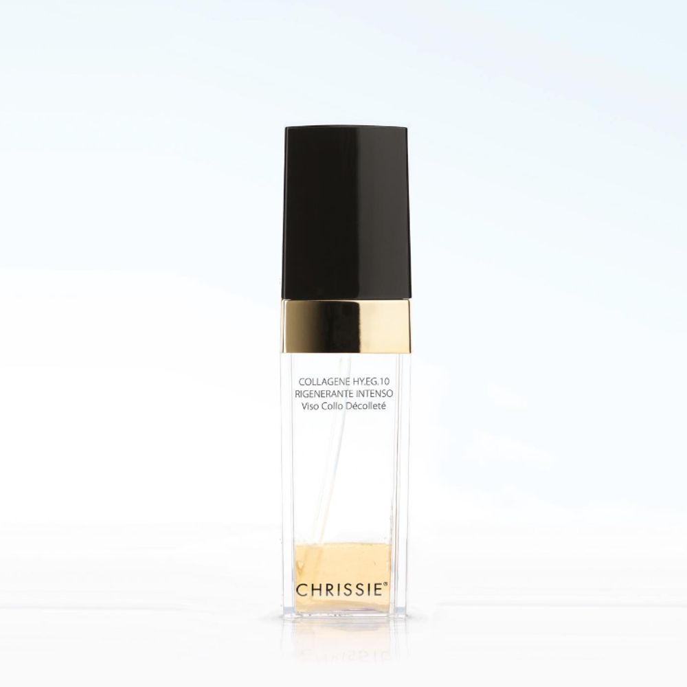 Flacone trasparente con tappo nero e anello dorato. Scritta: Collagene HY.EG.10 Rigenerante Intenso.