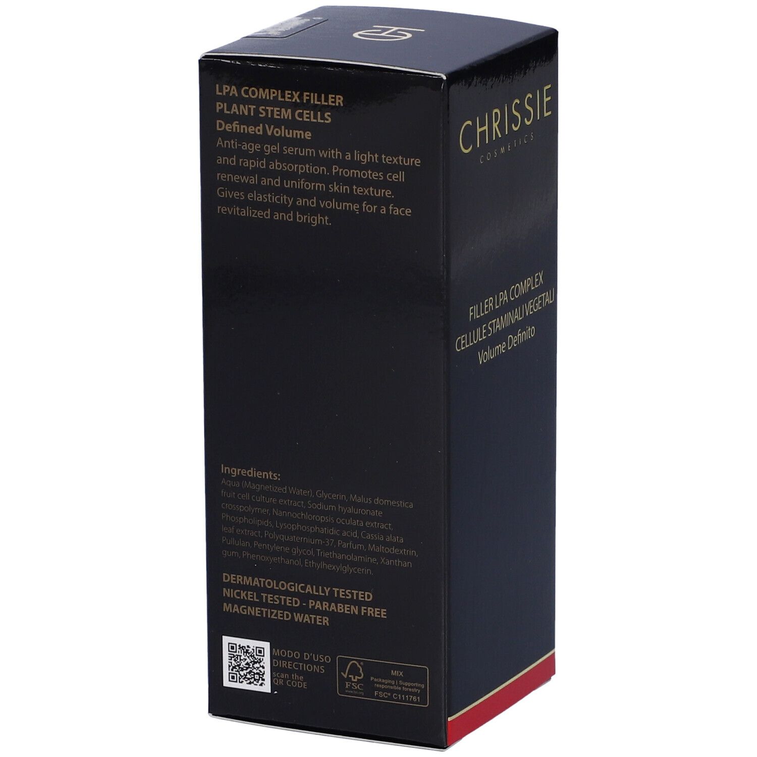 Confezione nera del prodotto. Testo: Chrissie Cosmetics, Filler LPA Complex Plant Stem Cells Defined Volume. Ingredienti.