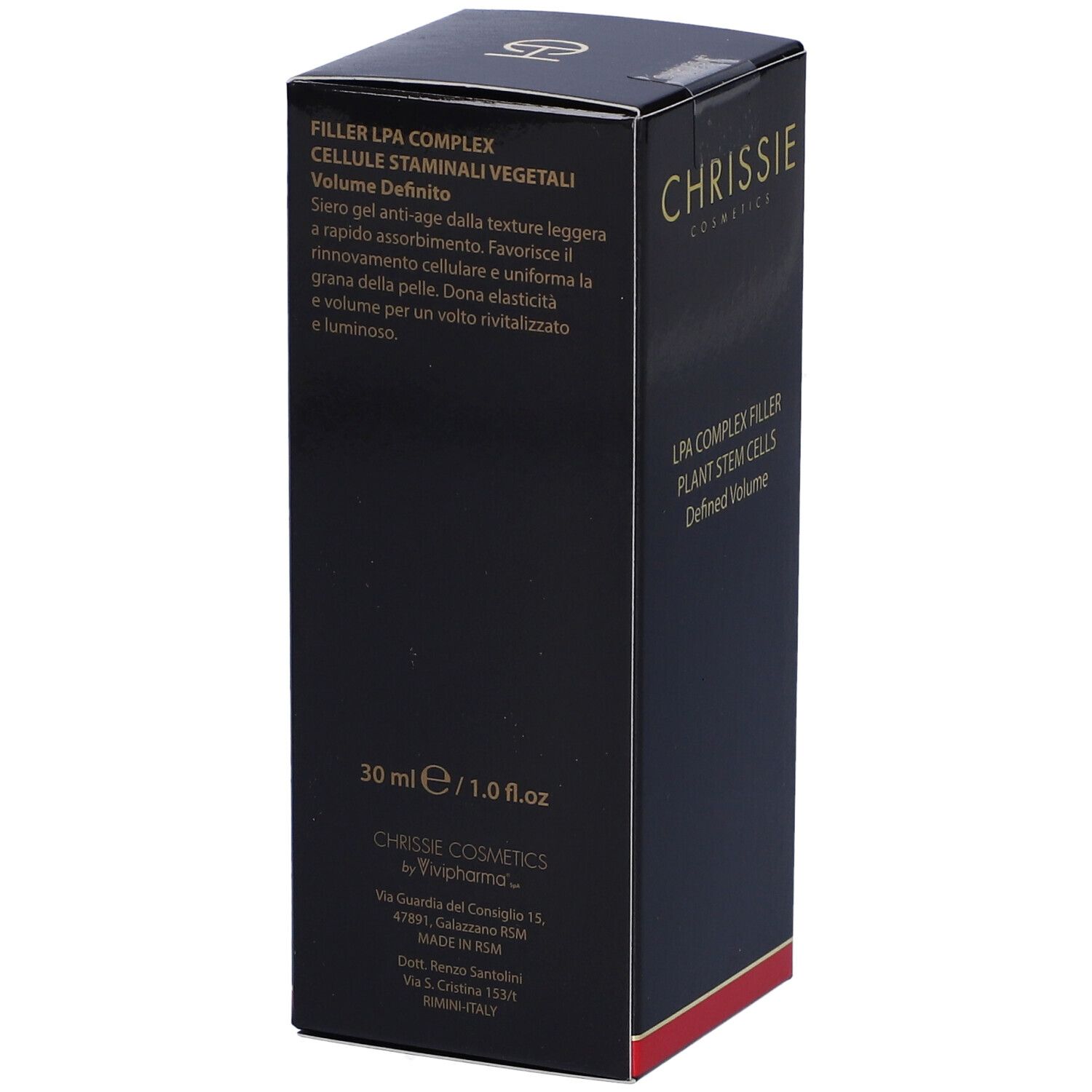 Confezione nera del prodotto. Testo: Chrissie Cosmetics, Filler LPA Complex Cellule Staminali Vegetali Volume Definito, 30 ml.