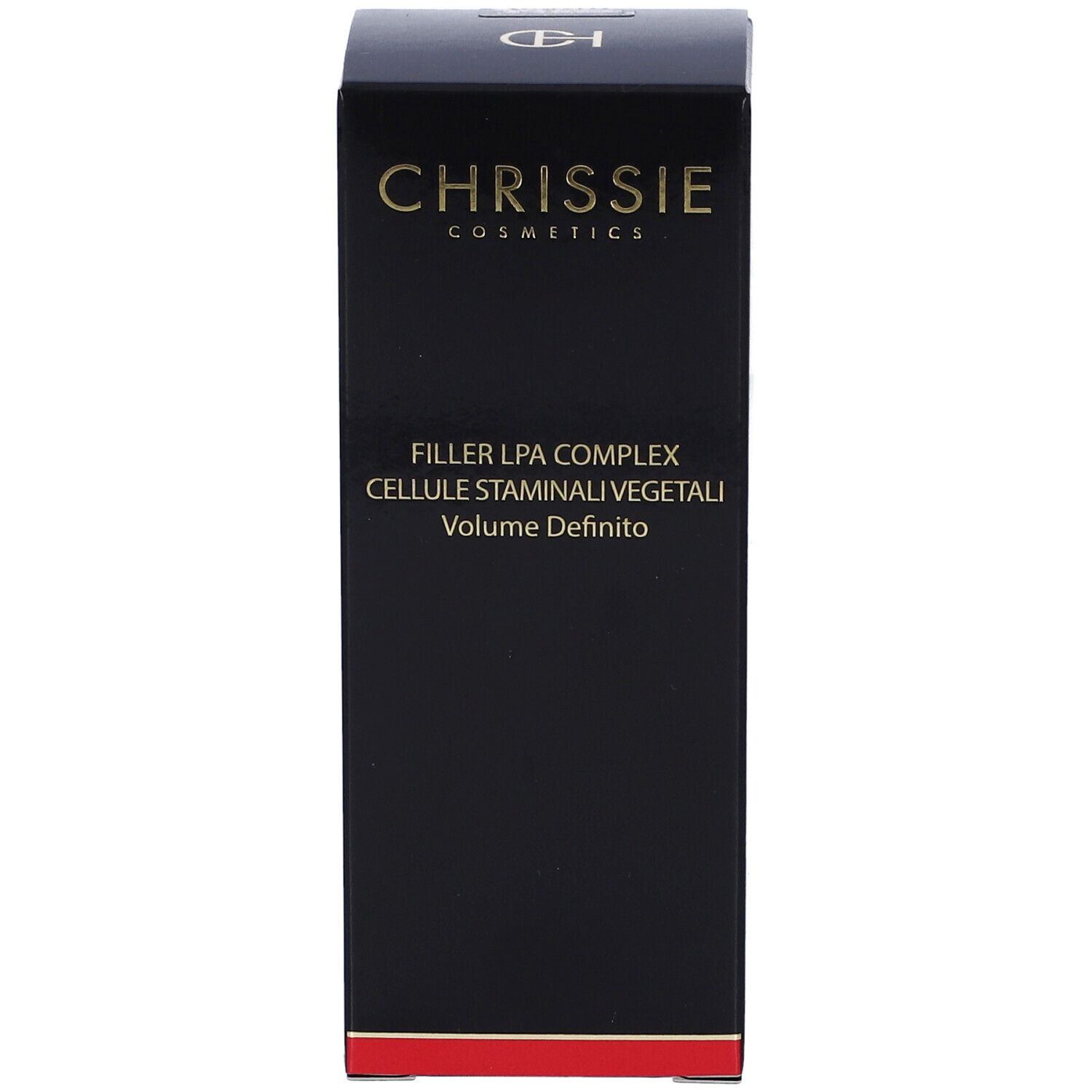 Confezione nera del prodotto. Testo: Chrissie Cosmetics, Filler LPA Complex Cellule Staminali Vegetali Volume Definito.