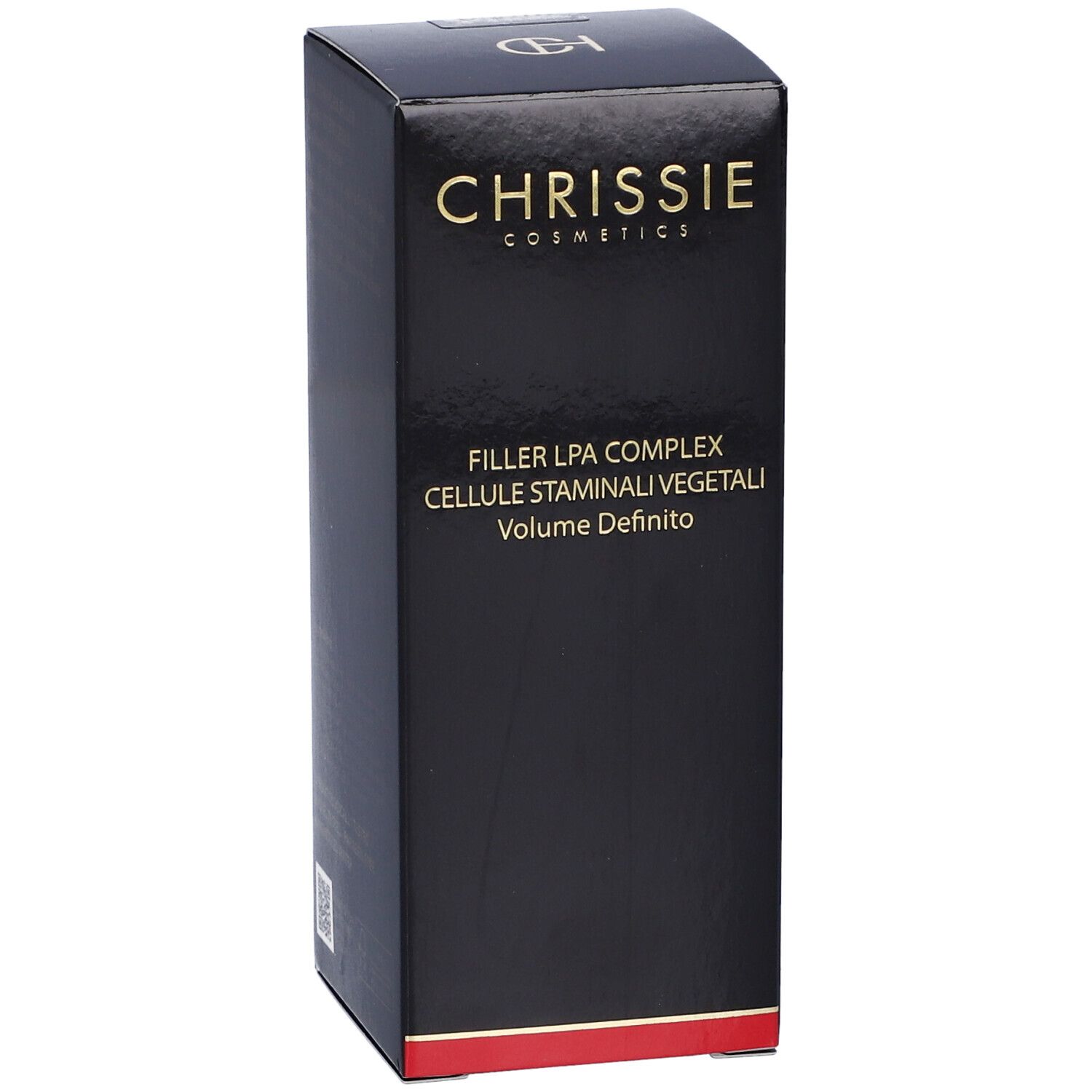 Confezione nera del prodotto. Testo: Chrissie Cosmetics, Filler LPA Complex Cellule Staminali Vegetali Volume Definito.