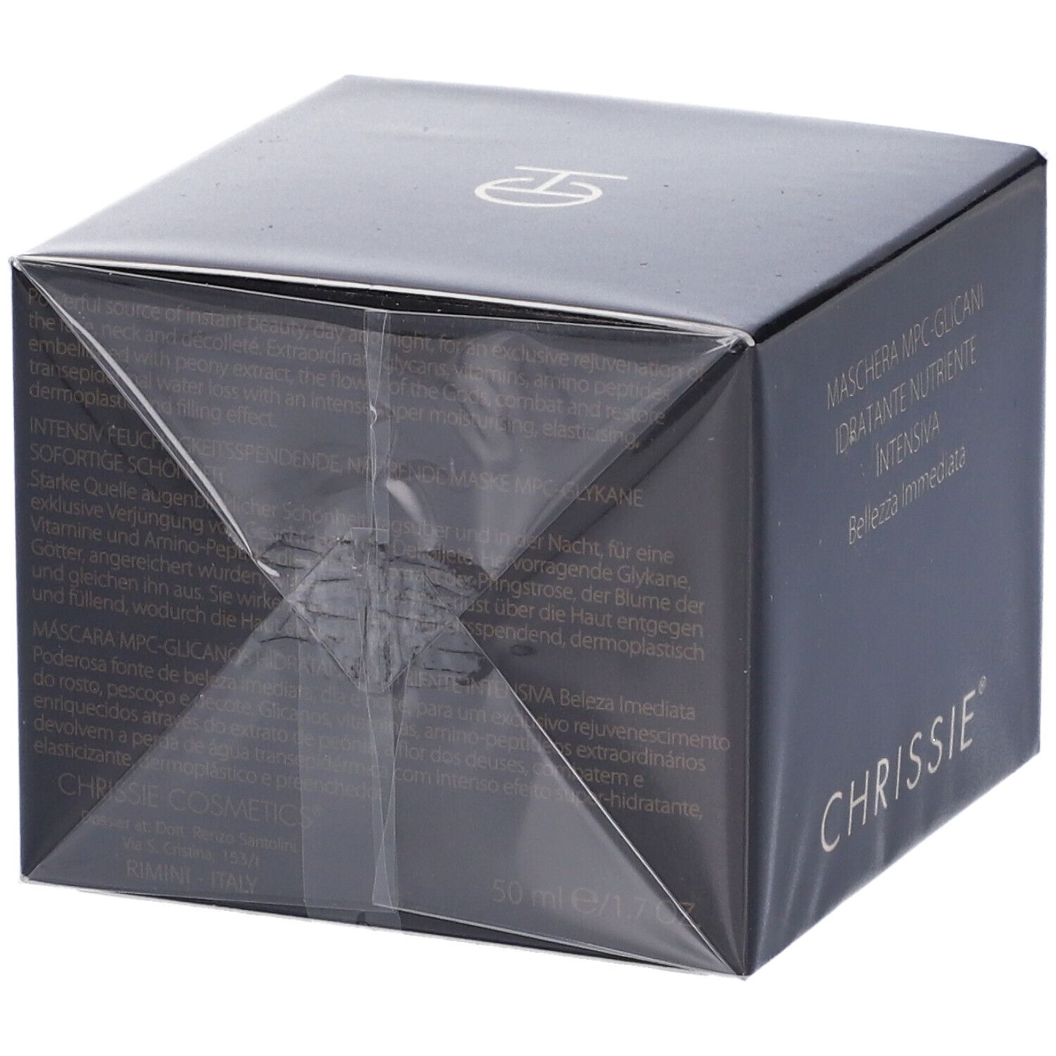 Scatola nera con informazioni sul prodotto. Scritta: MASCHERA MPC-GLICANI, IDRATANTE NUTRIENTE INTENSIVA, CHRISSIE.