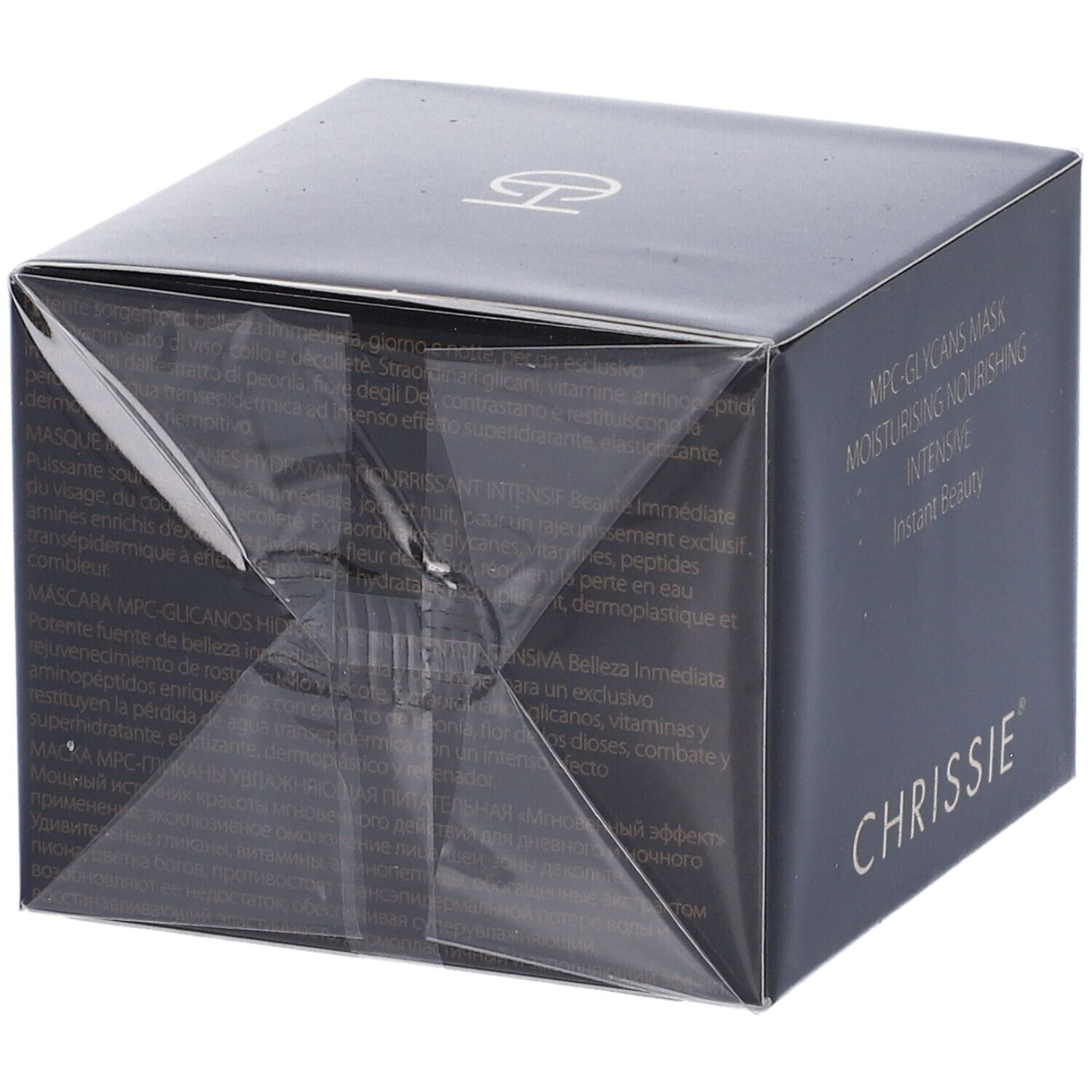 Scatola nera con informazioni sul prodotto. Scritta: MPC-GLYCANS MASK, MOISTURISING NOURISHING INTENSIVE, CHRISSIE.