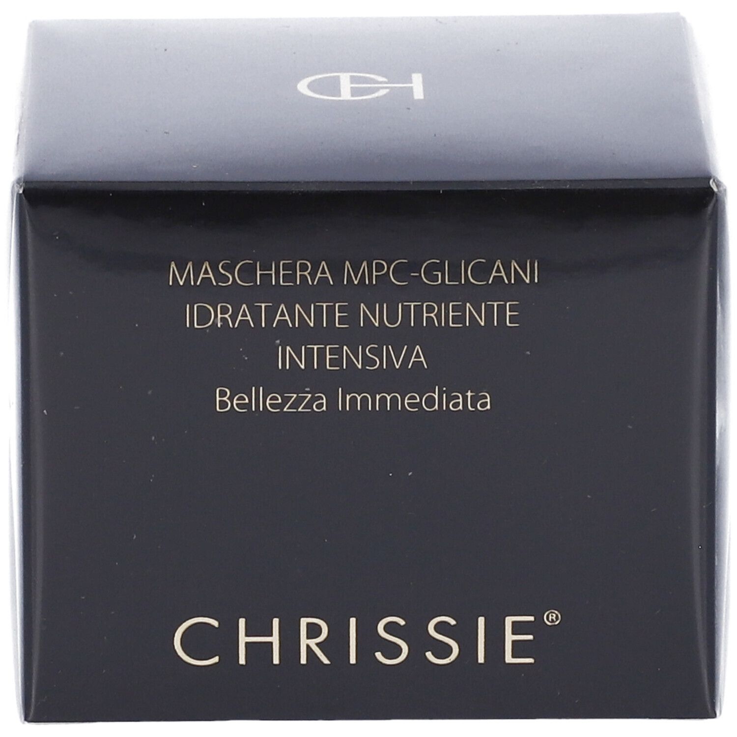 Scatola nera con informazioni sul prodotto. Scritta: MASCHERA MPC-GLICANI, IDRATANTE NUTRIENTE INTENSIVA, CHRISSIE.