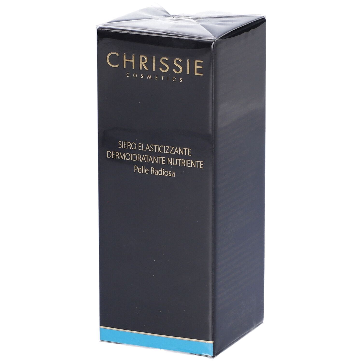 Confezione nera con testo dorato: Chrissie Cosmetics, Siero Elasticizzante, Dermoidratante, Nutriente, Pelle Radiosa.