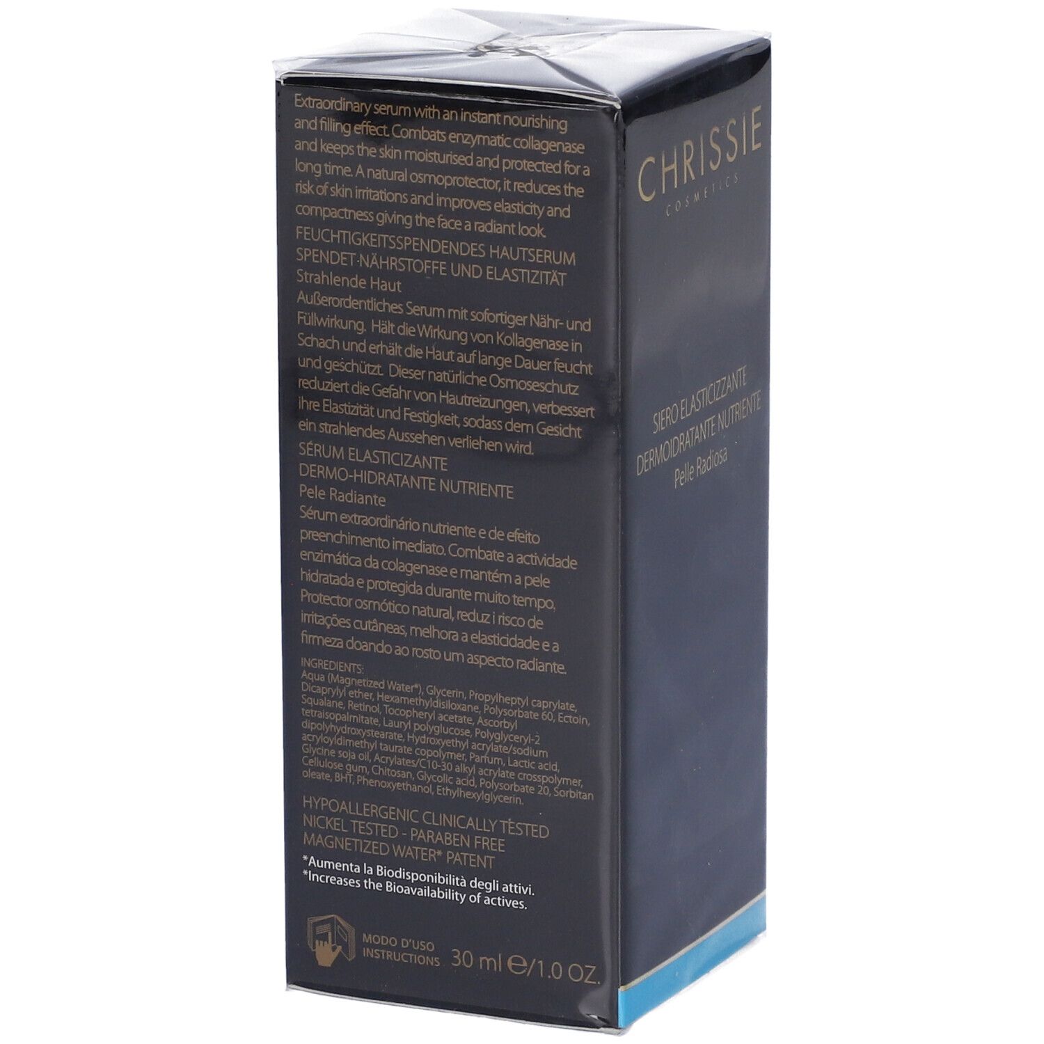 Confezione nera con testo e ingredienti. Testo: Chrissie Cosmetics, Siero Elasticizzante, Dermoidratante, Nutriente, Pelle Radiosa.