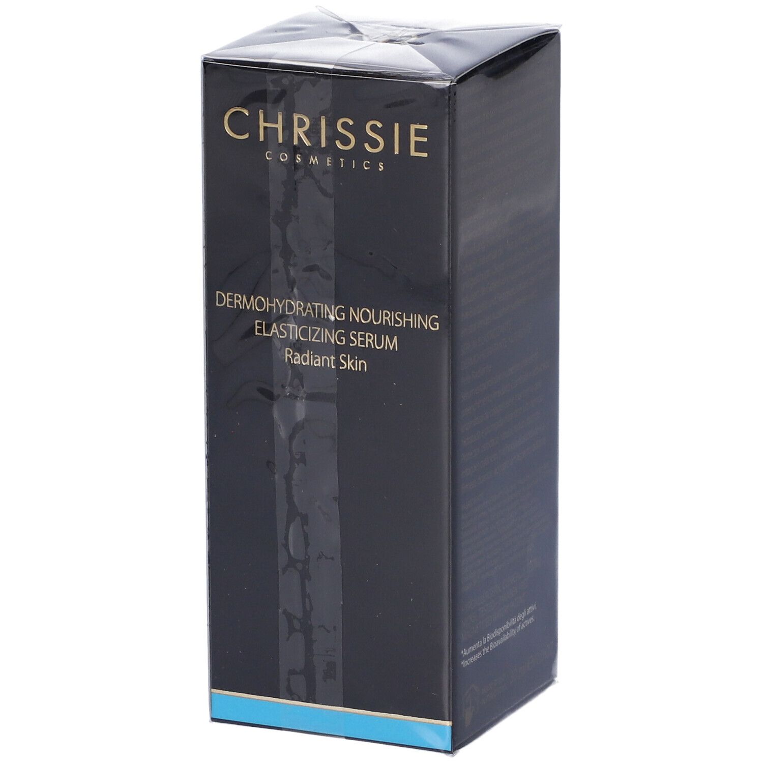 Confezione nera con testo. Testo: Chrissie Cosmetics, Dermoidratante Nourishing Elasticizing Serum, Radiant Skin.