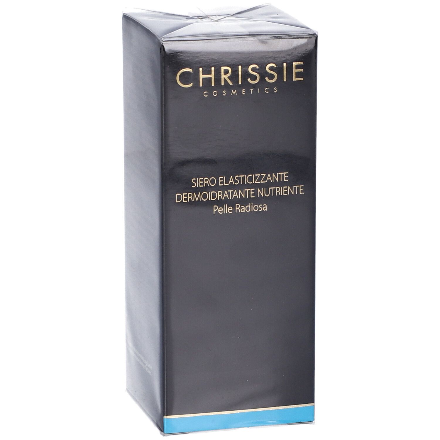 Confezione nera con testo. Testo: Chrissie Cosmetics, Siero Elasticizzante, Dermoidratante, Nutriente, Pelle Radiosa.