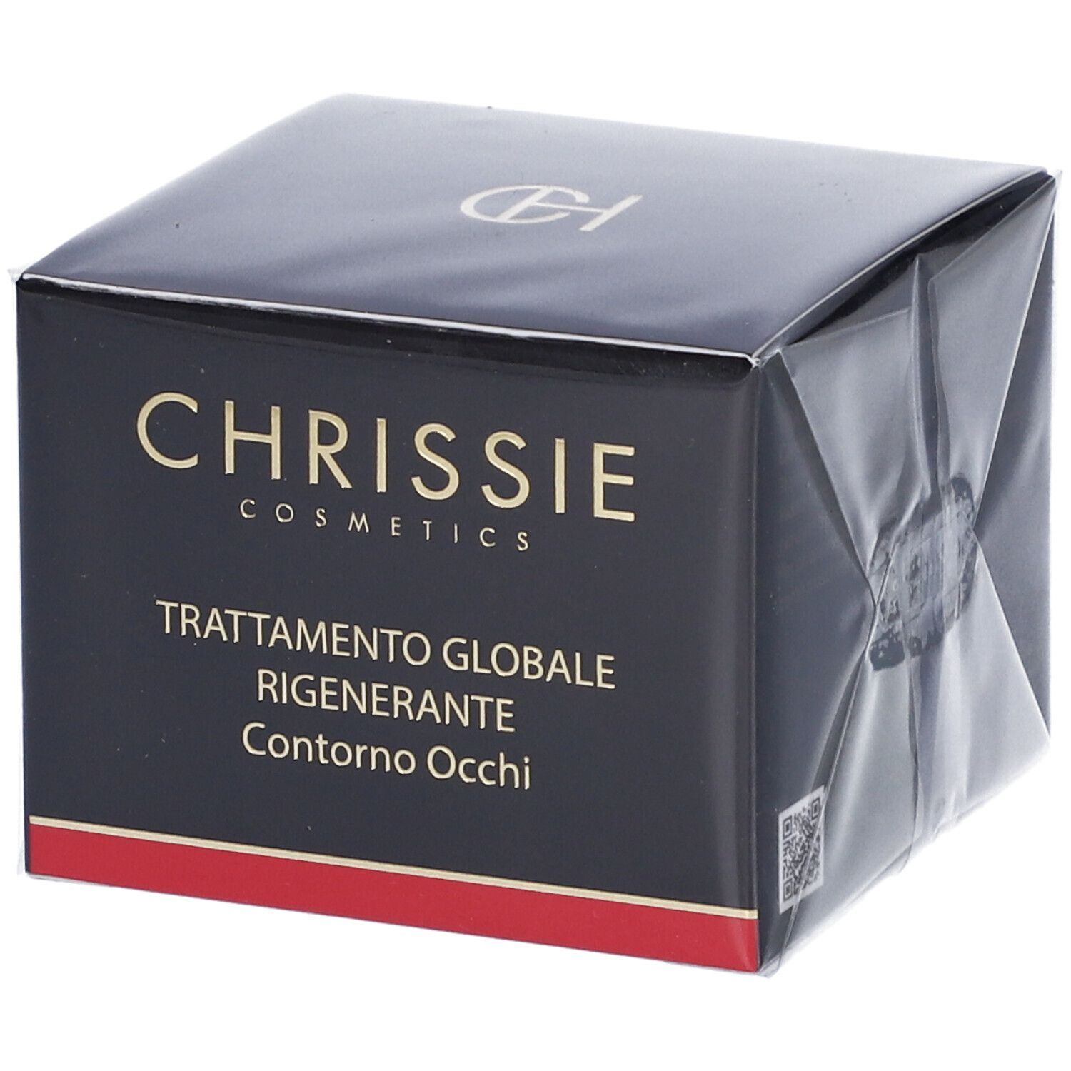 Scatola nera con scritta dorata. Scritta: Chrissie Cosmetics, Trattamento Globale Rigenerante Contorno Occhi.
