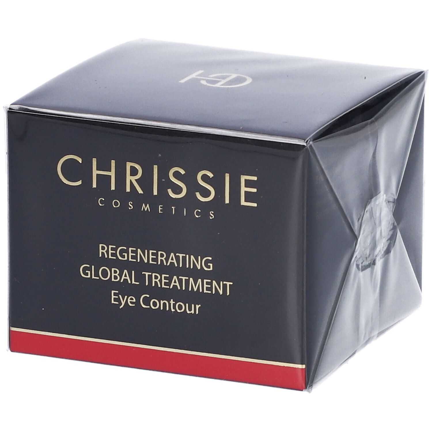 Scatola nera con scritta dorata. Scritta: Chrissie Cosmetics, Regenerating Global Treatment Eye Contour.