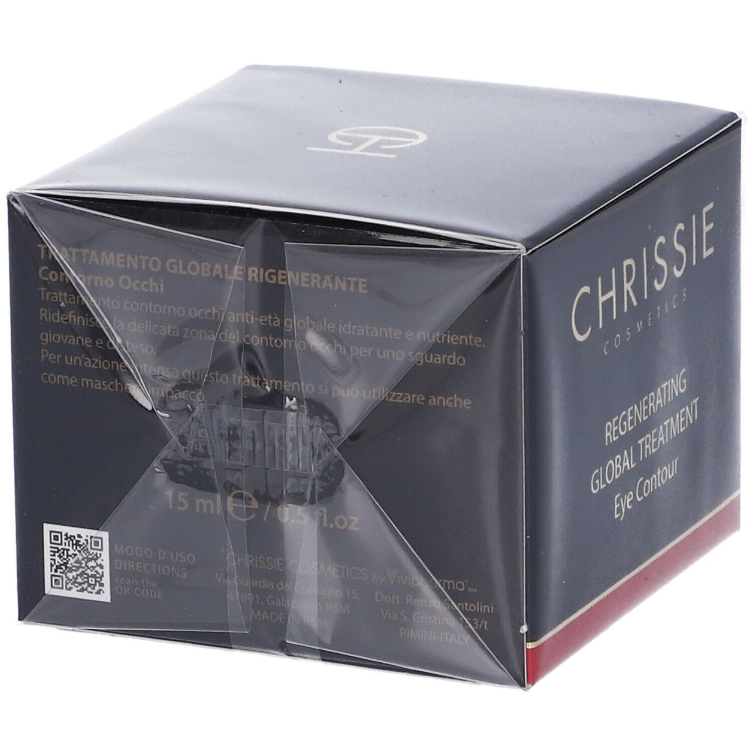 Scatola nera con scritta dorata. Scritta: Chrissie Cosmetics, Regenerating Global Treatment Eye Contour. 15 ml.