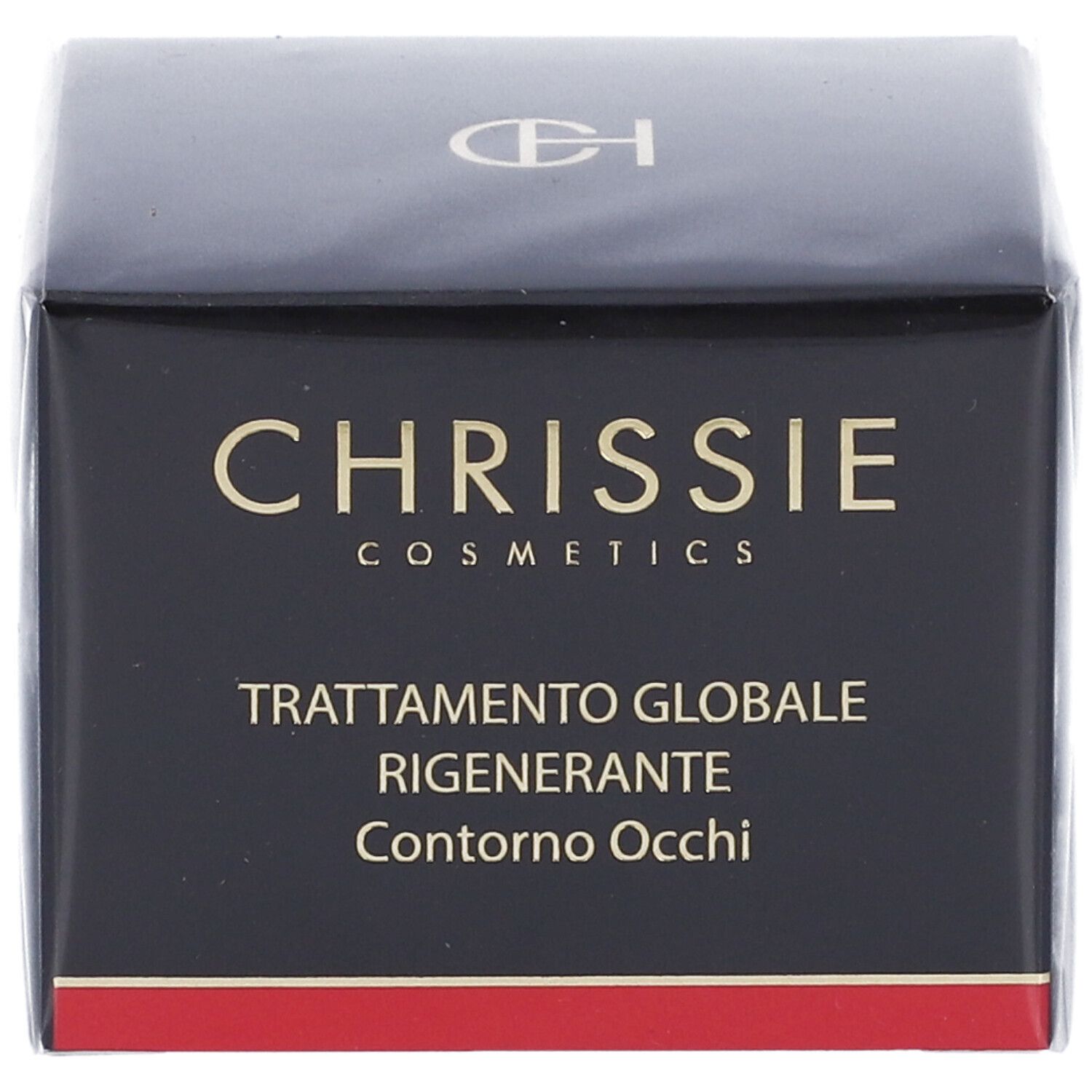 Scatola nera con scritta dorata. Scritta: Chrissie Cosmetics, Trattamento Globale Rigenerante Contorno Occhi.