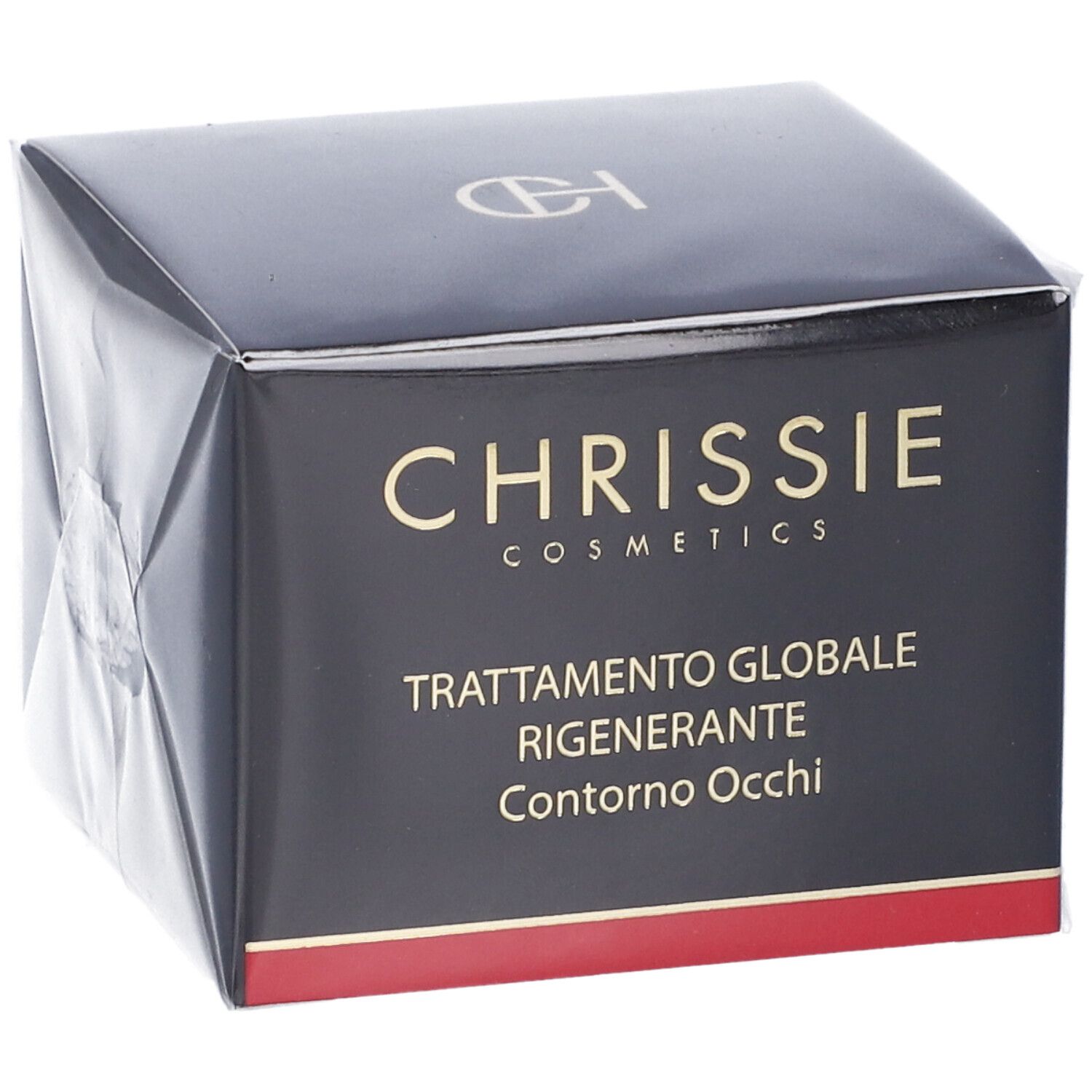 Scatola nera con scritta dorata. Scritta: Chrissie Cosmetics, Trattamento Globale Rigenerante Contorno Occhi.