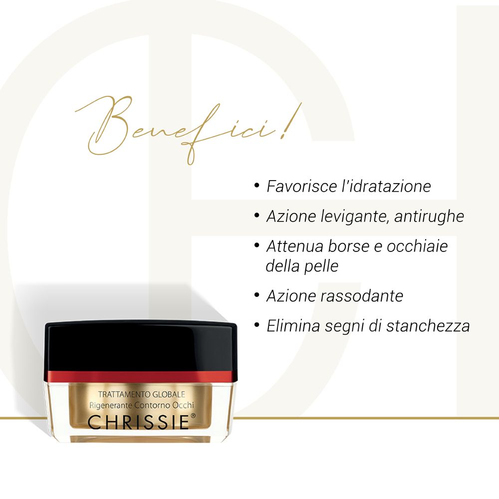 Vasetto di crema con coperchio nero e fascia rossa. Testo: Benefici: idratazione, antirughe, occhiaie, rassodante, stanchezza.