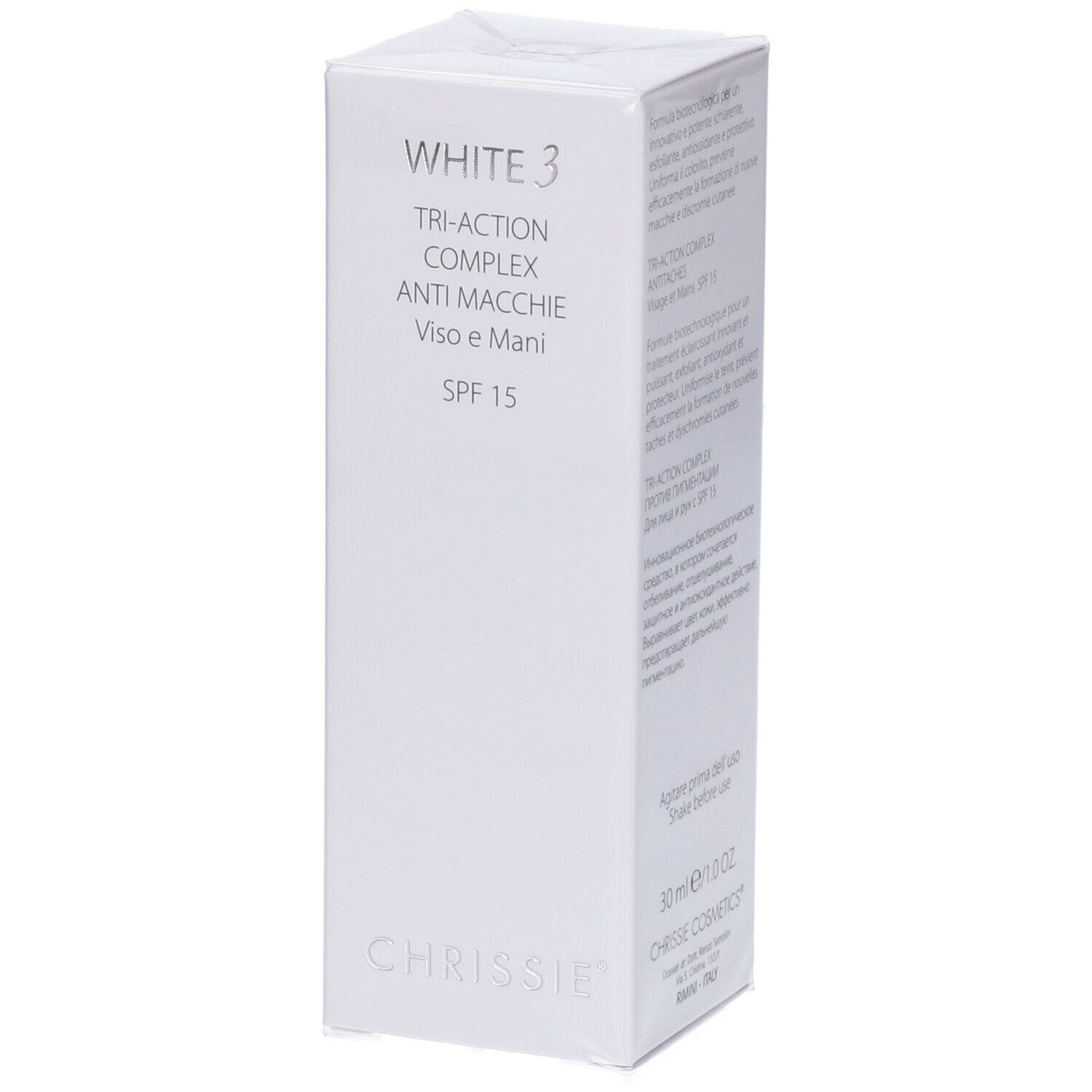 Scatola bianca White 3 Tri-Action Complex Anti-Macchie Viso e Mani SPF 15. Chrissie.